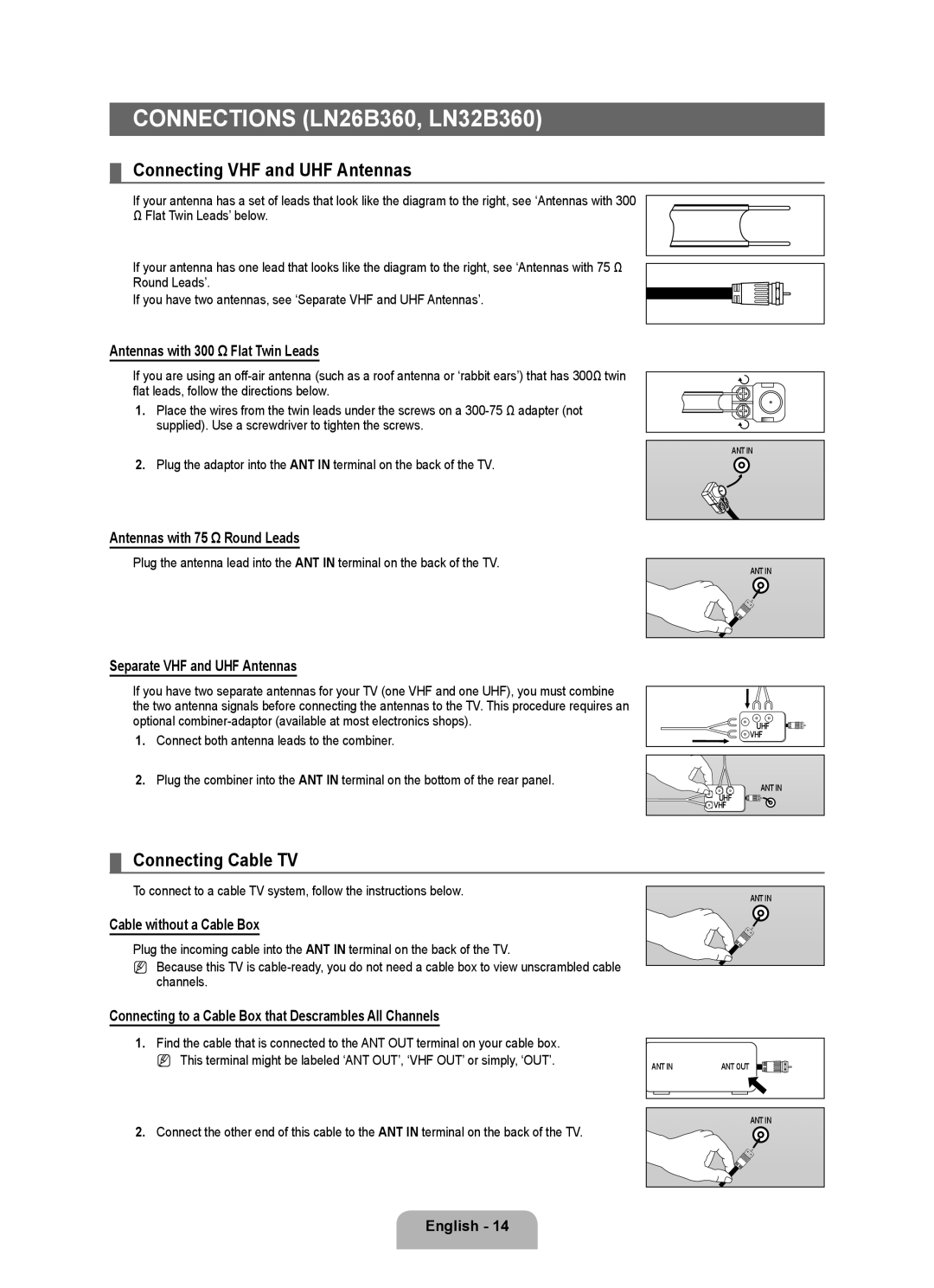 Samsung BN68-01975A-01 user manual Connections LN26B360, LN32B360, Connecting VHF and UHF Antennas 