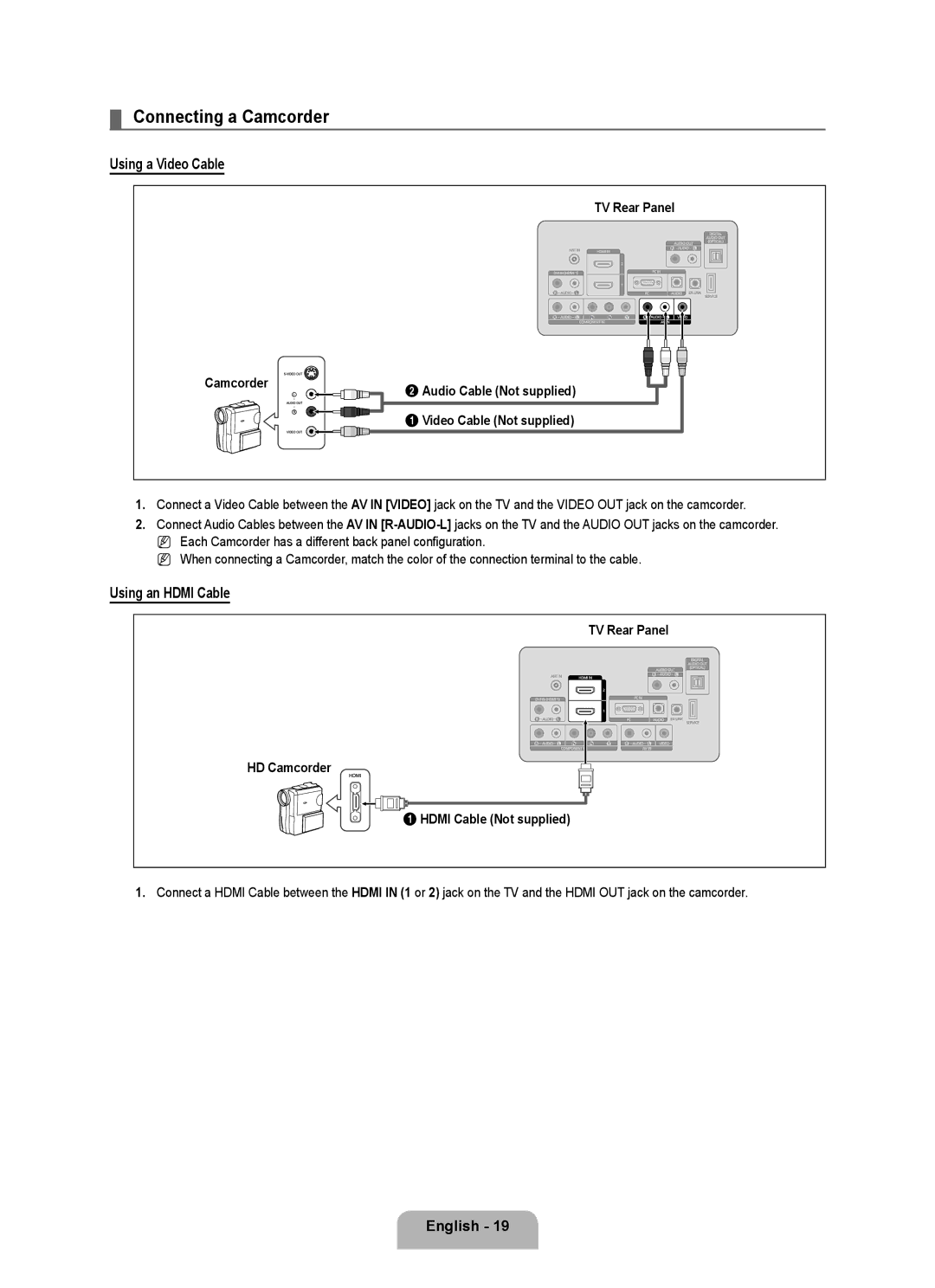 Samsung 360, BN68-01975A-01 user manual Connecting a Camcorder, TV Rear Panel Camcorder 