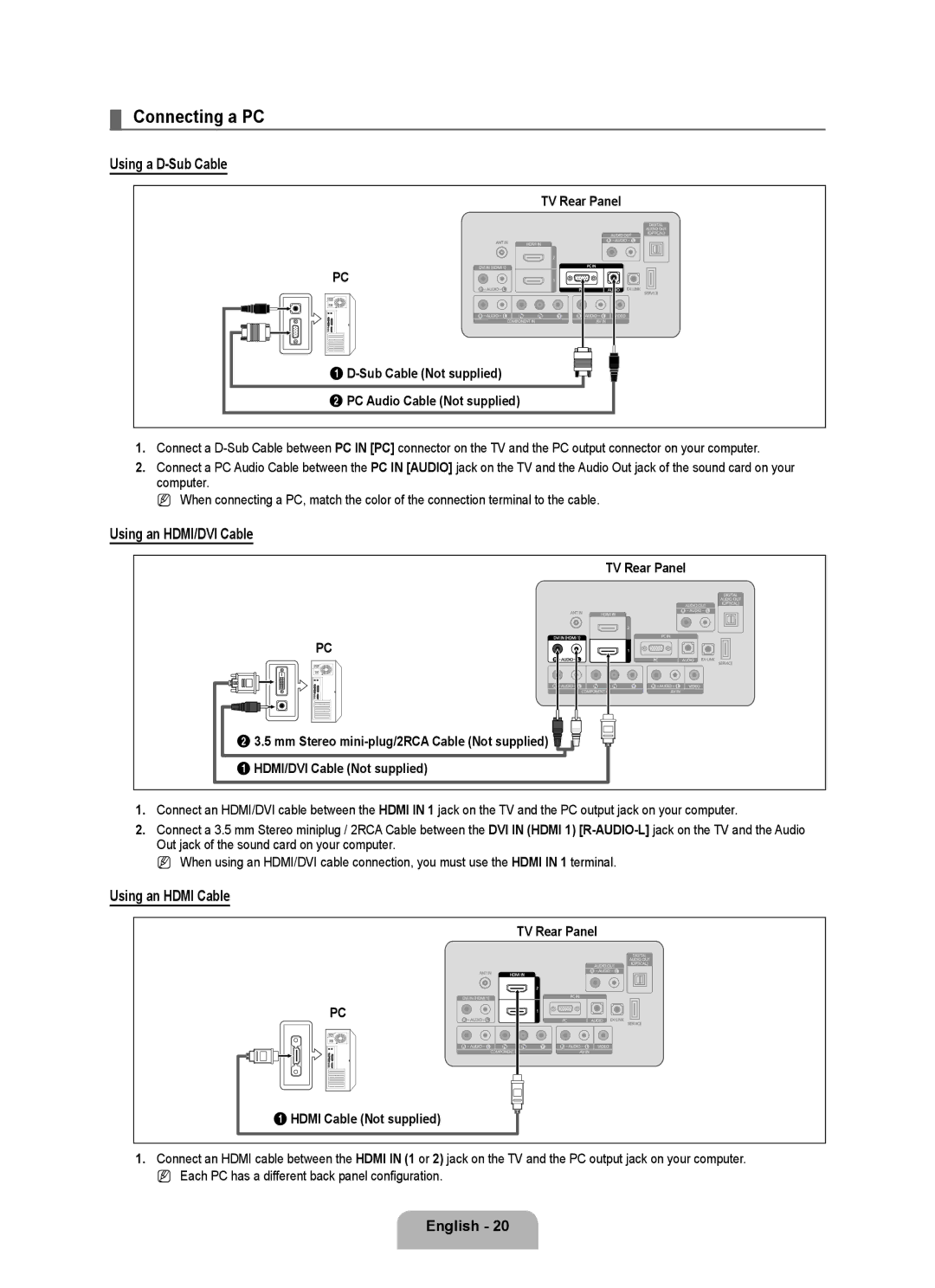 Samsung BN68-01975A-01, 360 user manual Connecting a PC 