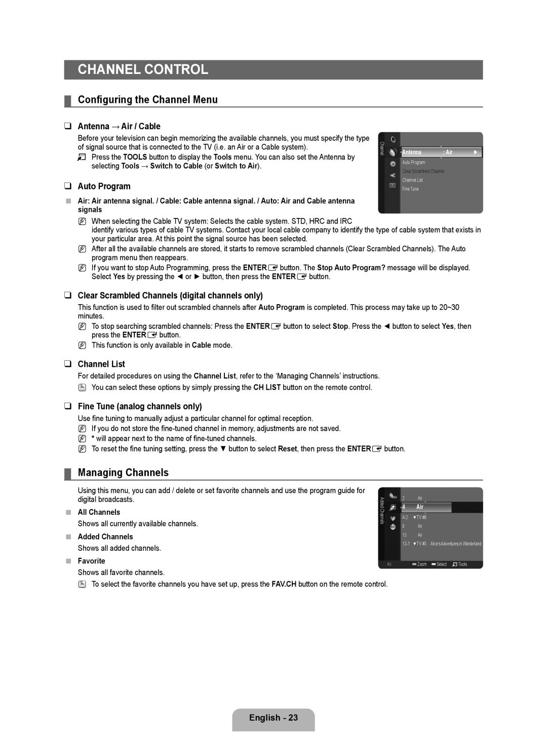 Samsung 360, BN68-01975A-01 user manual Channel Control, Configuring the Channel Menu, Managing Channels 