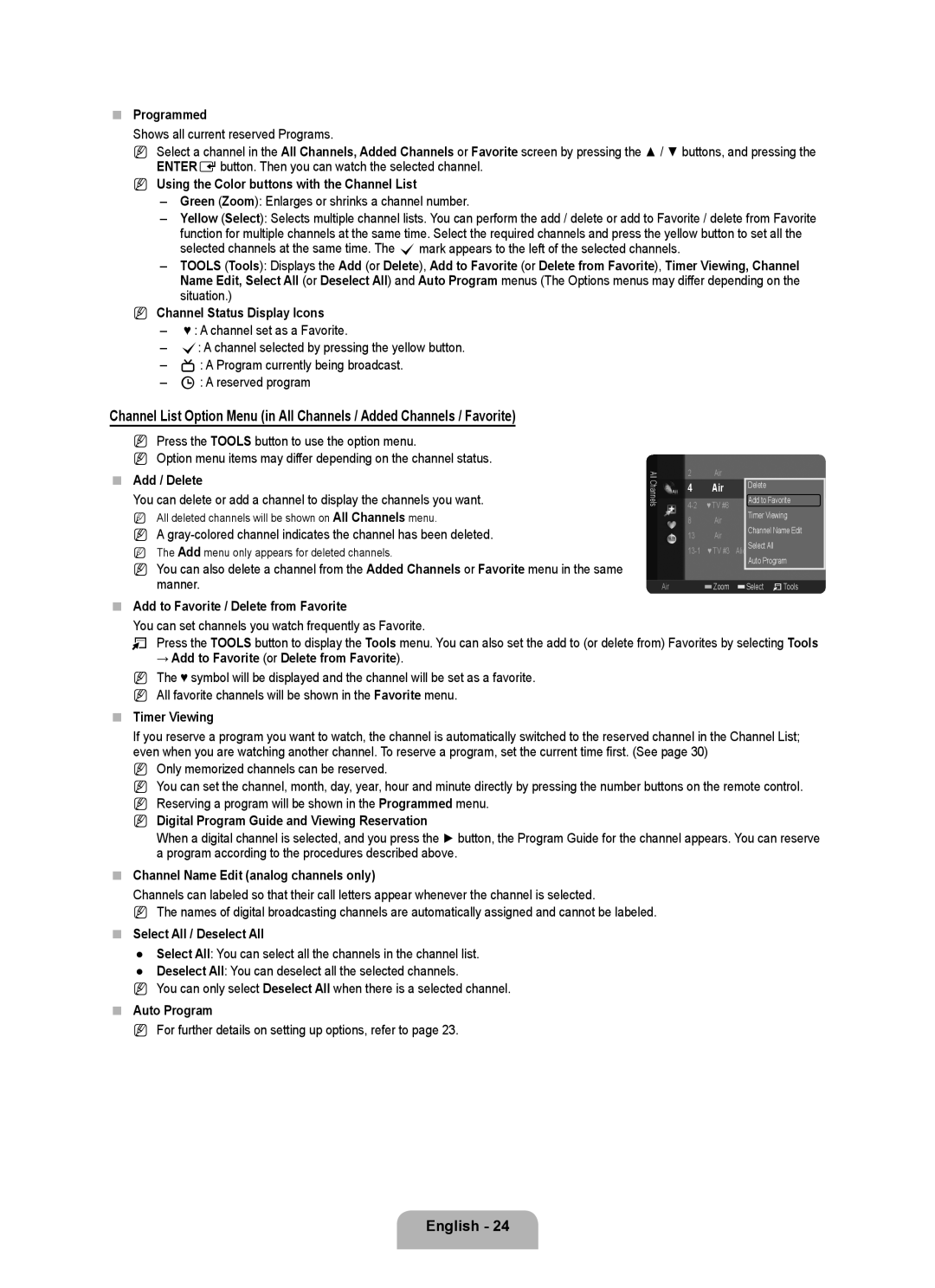 Samsung BN68-01975A-01, 360  Programmed, Using the Color buttons with the Channel List,  Add / Delete,  Timer Viewing 