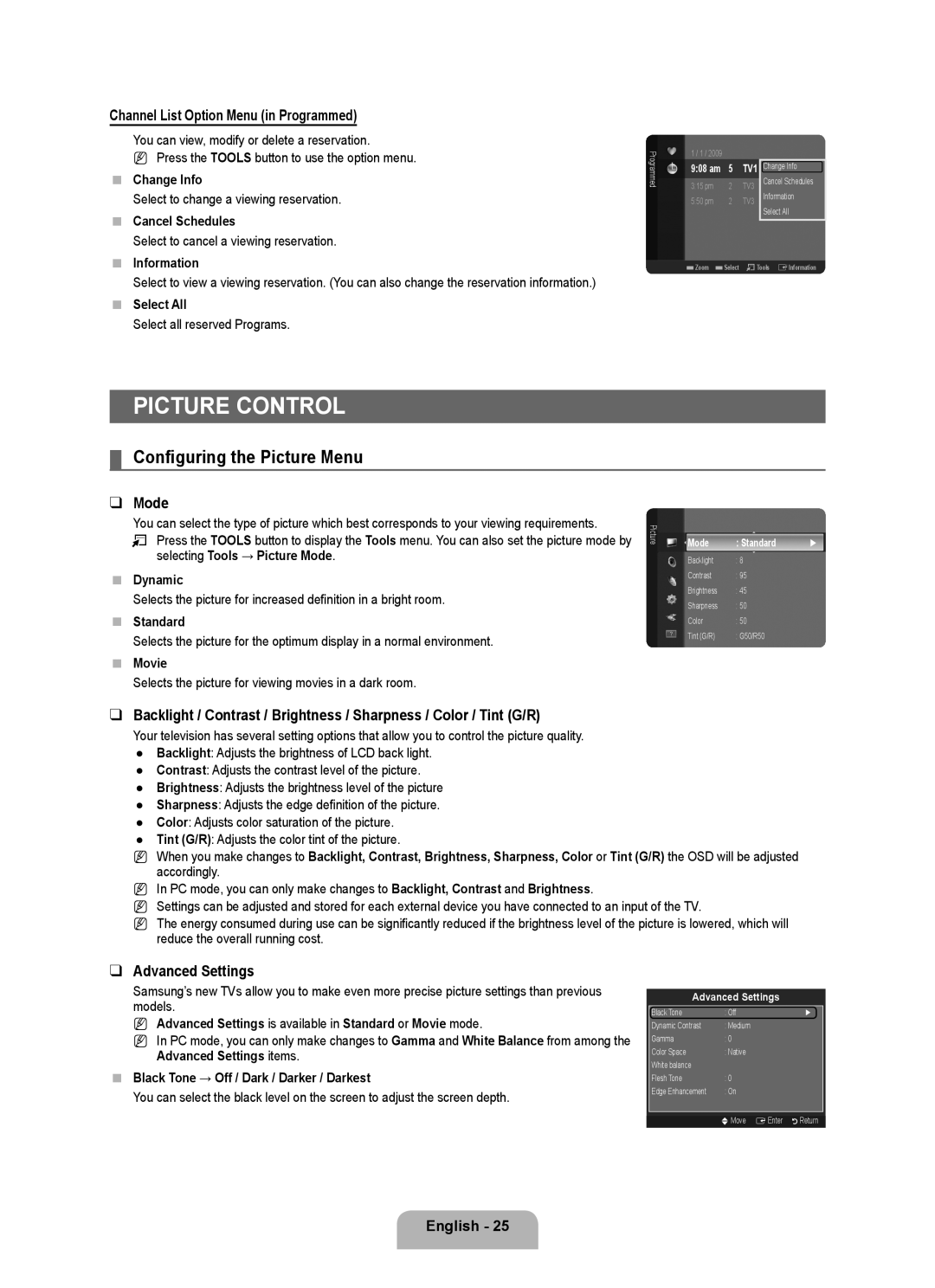 Samsung 360 Picture Control, Configuring the Picture Menu, Channel List Option Menu in Programmed, Mode, Advanced Settings 