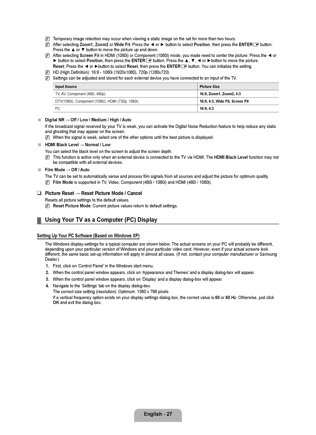 Samsung 360, BN68-01975A-01 user manual Using Your TV as a Computer PC Display, Picture Reset → Reset Picture Mode / Cancel 