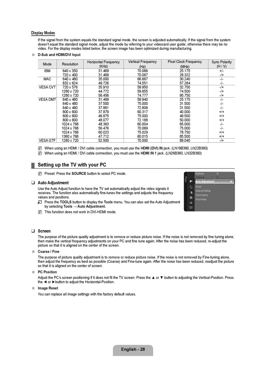 Samsung BN68-01975A-01, 360 user manual Setting up the TV with your PC, Display Modes, Auto Adjustment, Screen 