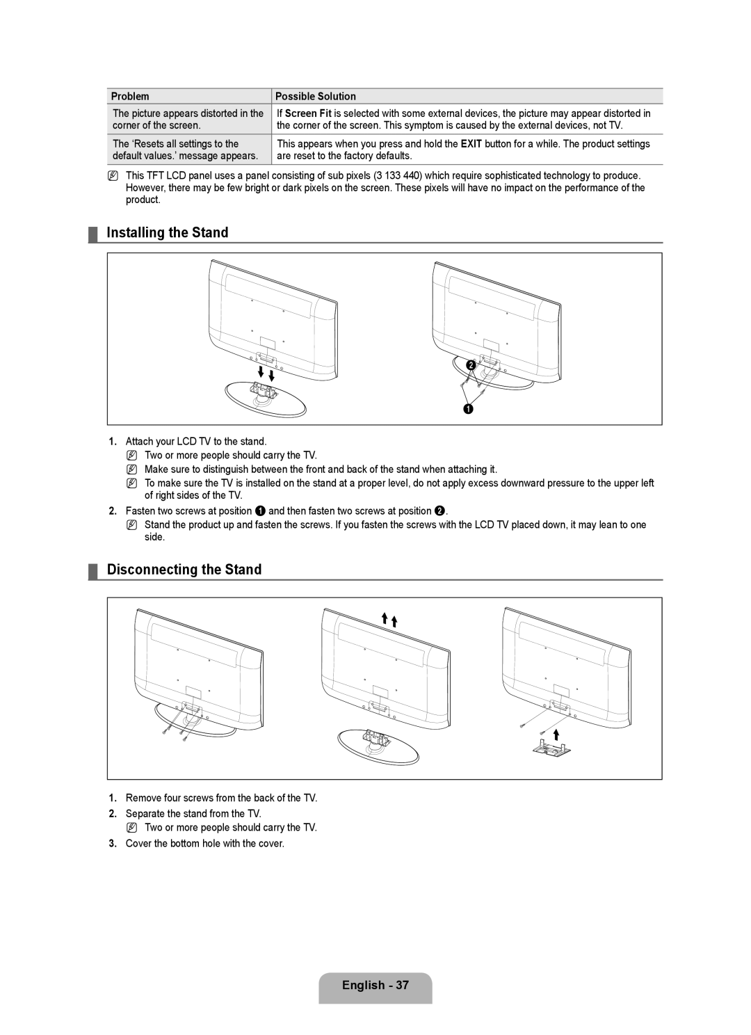 Samsung 360, BN68-01975A-01 Installing the Stand, Disconnecting the Stand, Corner of the screen, ‘Resets all settings to 