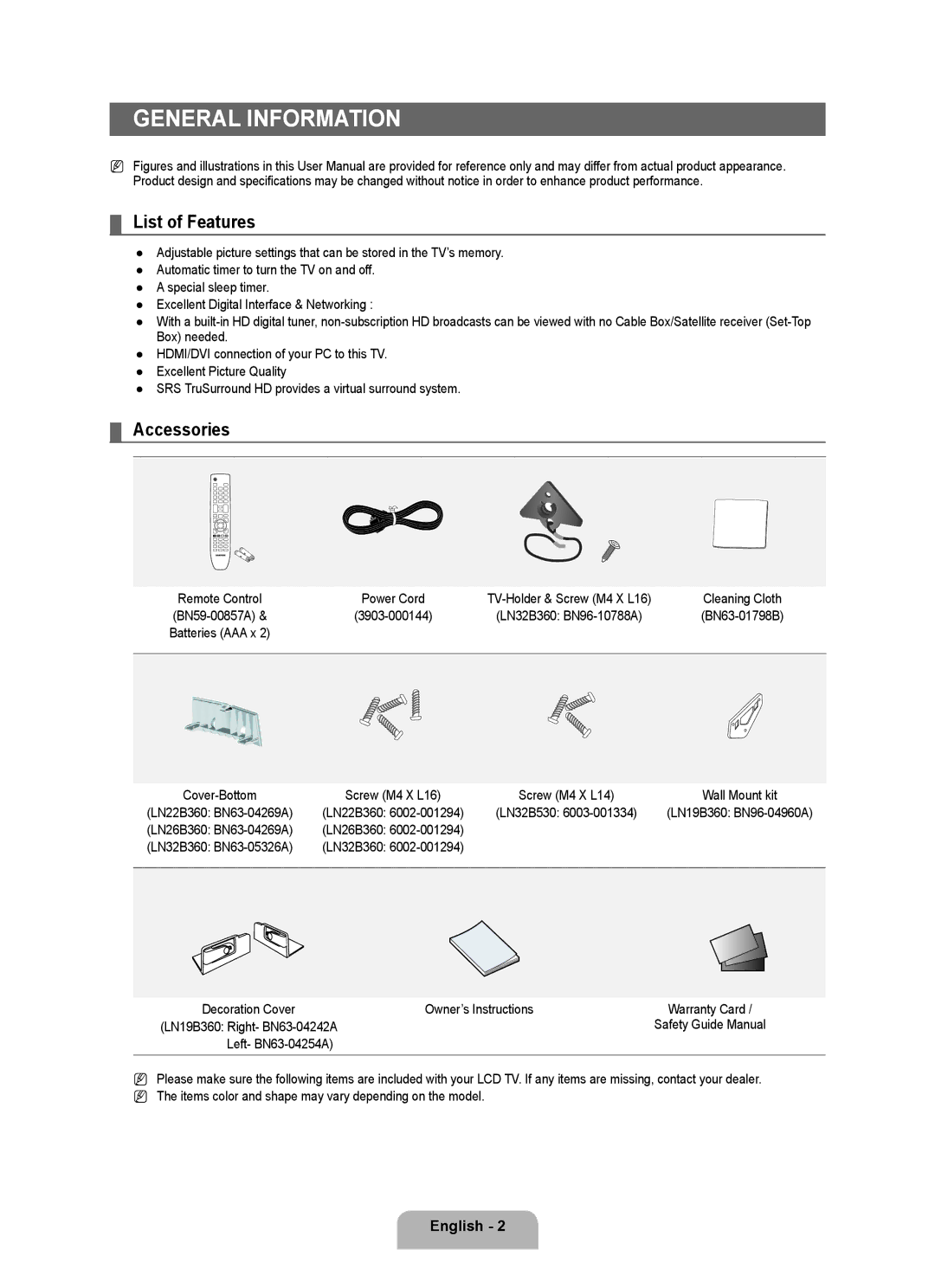 Samsung BN68-01975A-01, 360 user manual General Information, List of Features, Accessories, English  