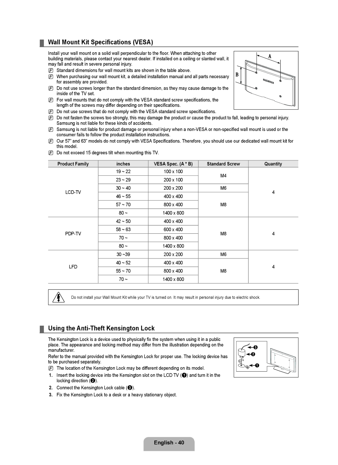 Samsung BN68-01975A-01, 360 user manual Wall Mount Kit Specifications Vesa, Using the Anti-Theft Kensington Lock 