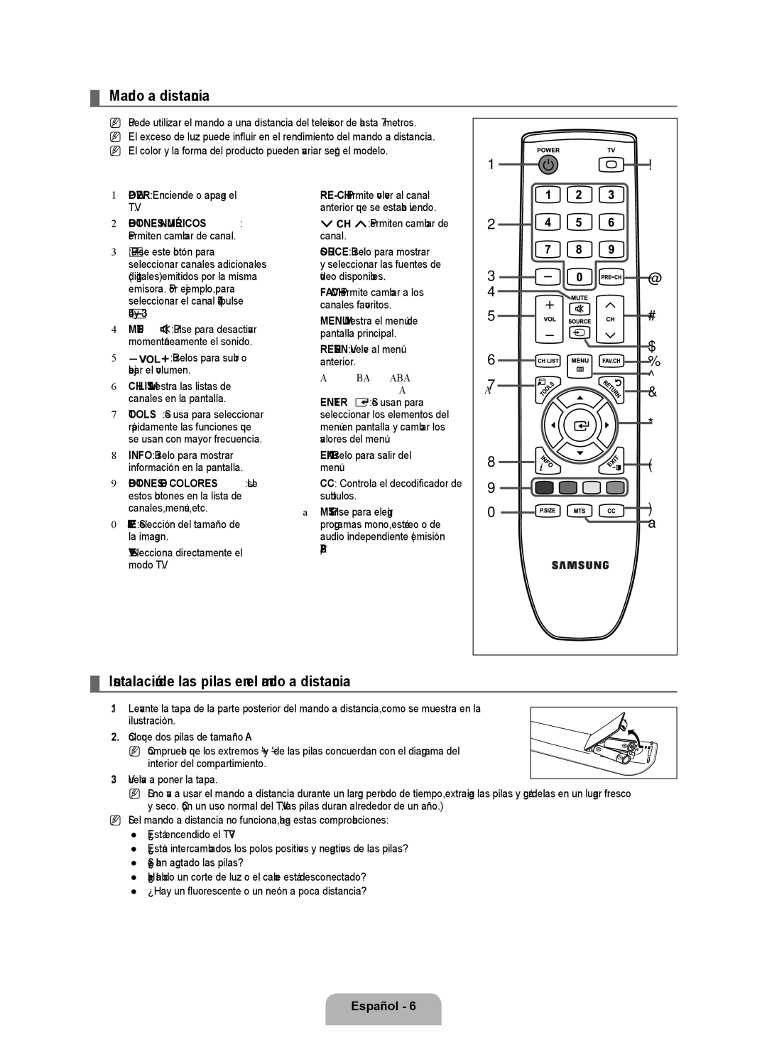 Samsung BN68-01975A-01, 360 user manual Mando a distancia, Instalación de las pilas en el mando a distancia 