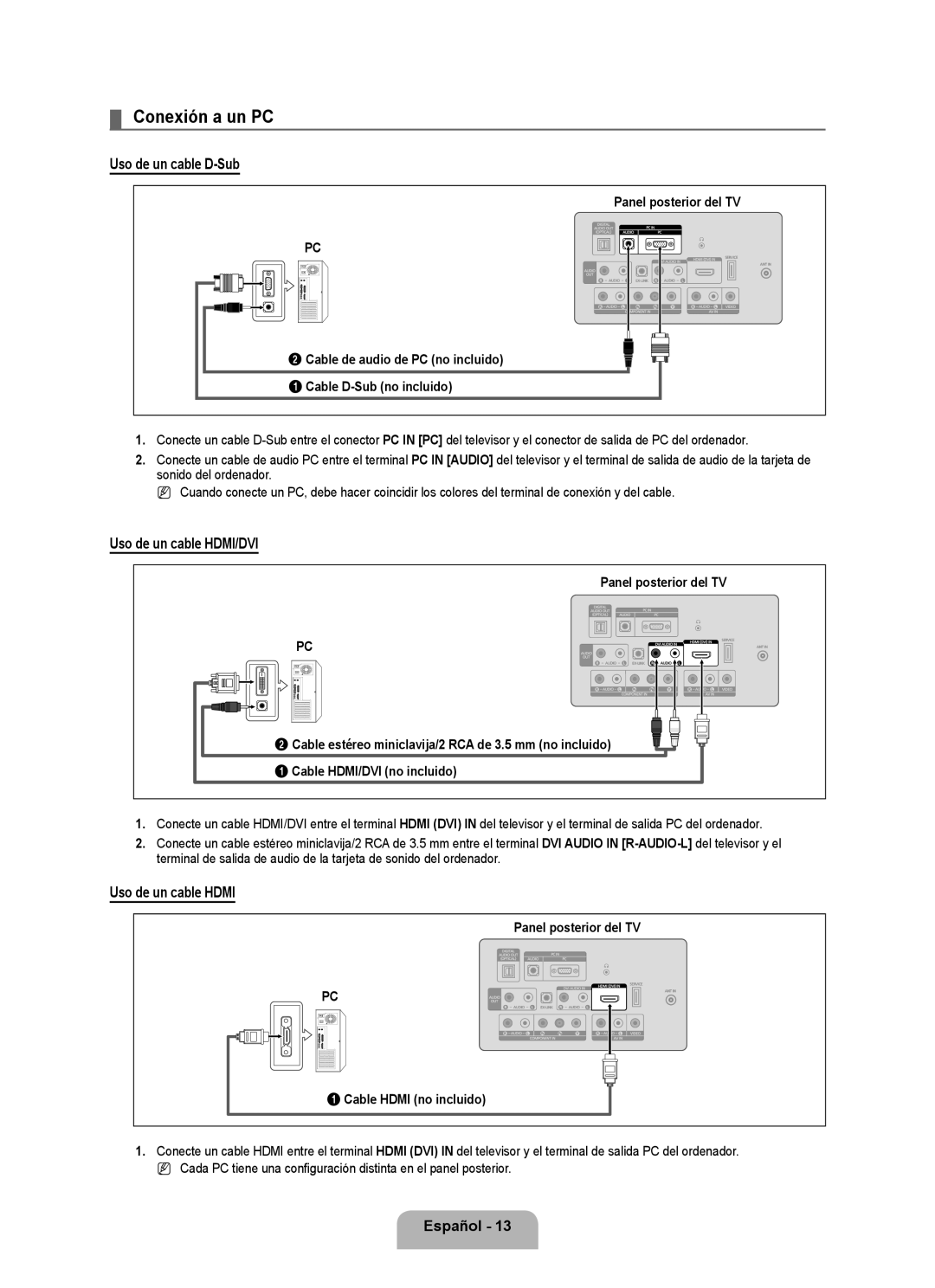 Samsung 360, BN68-01975A-01 user manual Conexión a un PC, Uso de un cable D-Sub, Uso de un cable HDMI/DVI 