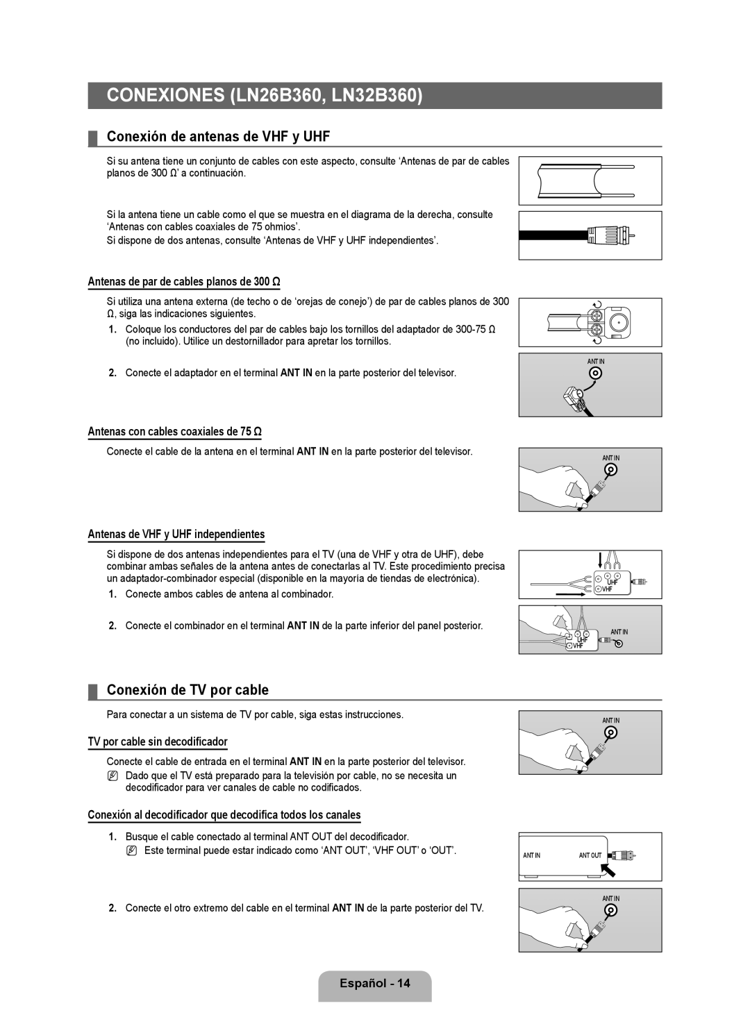 Samsung BN68-01975A-01 user manual Conexiones LN26B360, LN32B360, Conexión de antenas de VHF y UHF 