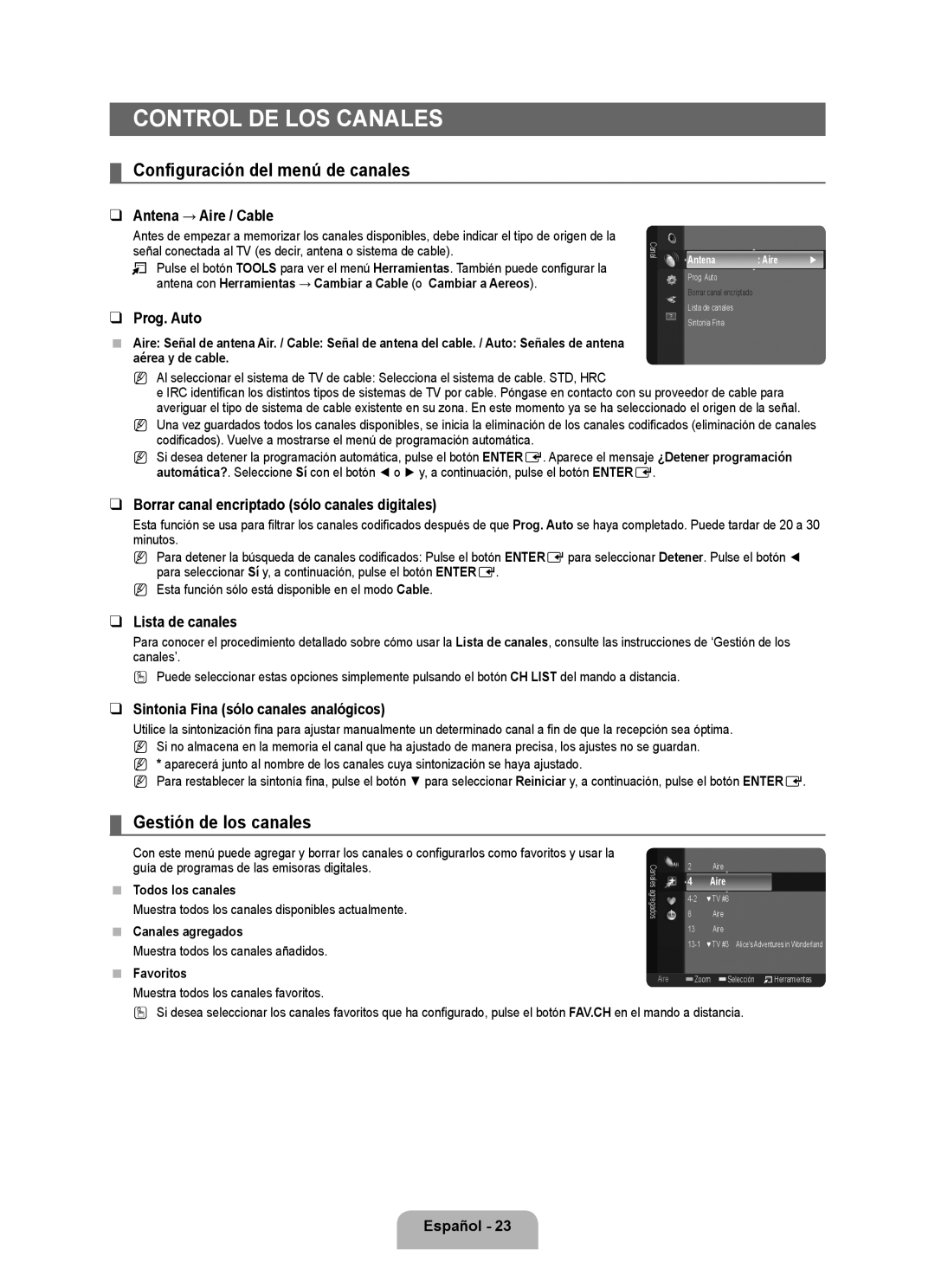 Samsung 360, BN68-01975A-01 user manual Control de los canales, Configuración del menú de canales, Gestión de los canales 