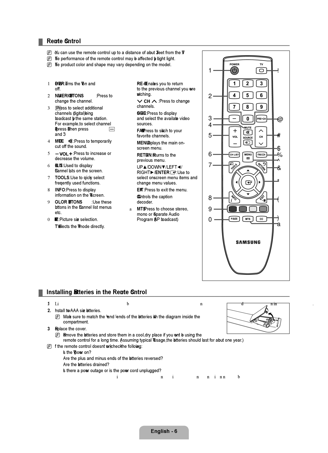 Samsung BN68-01975A-01, 360 Installing Batteries in the Remote Control, Numeric Buttons Press to change the channel 