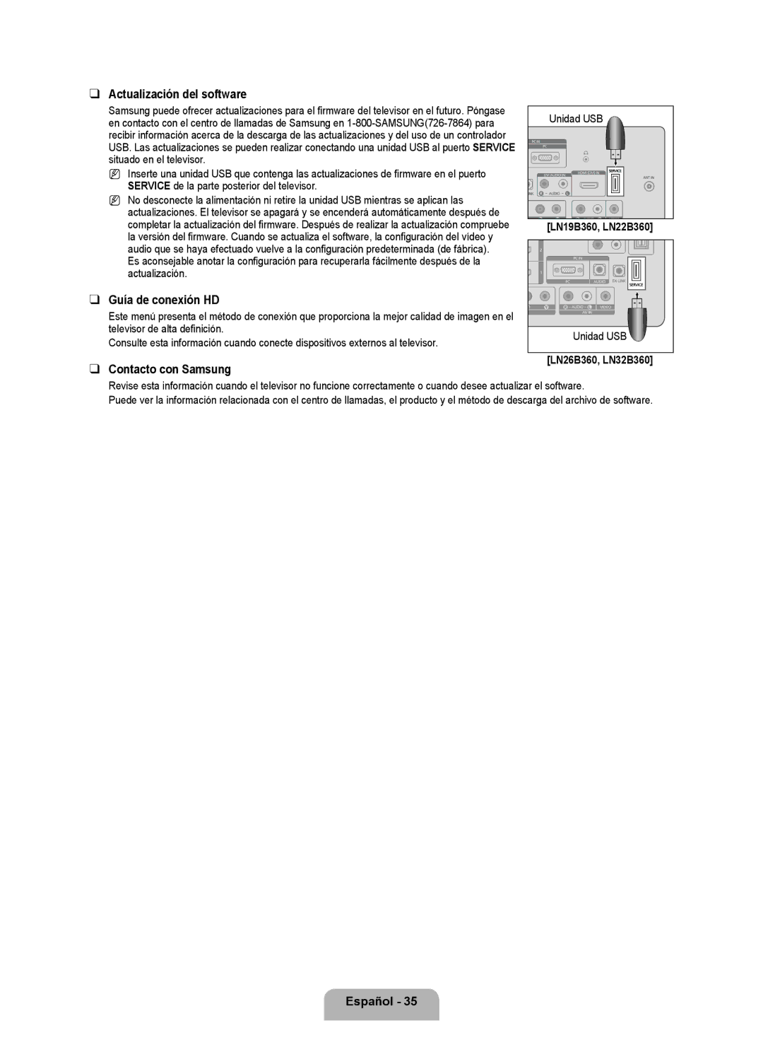 Samsung 360, BN68-01975A-01 user manual Actualización del software, Guía de conexión HD, Contacto con Samsung, Unidad USB 