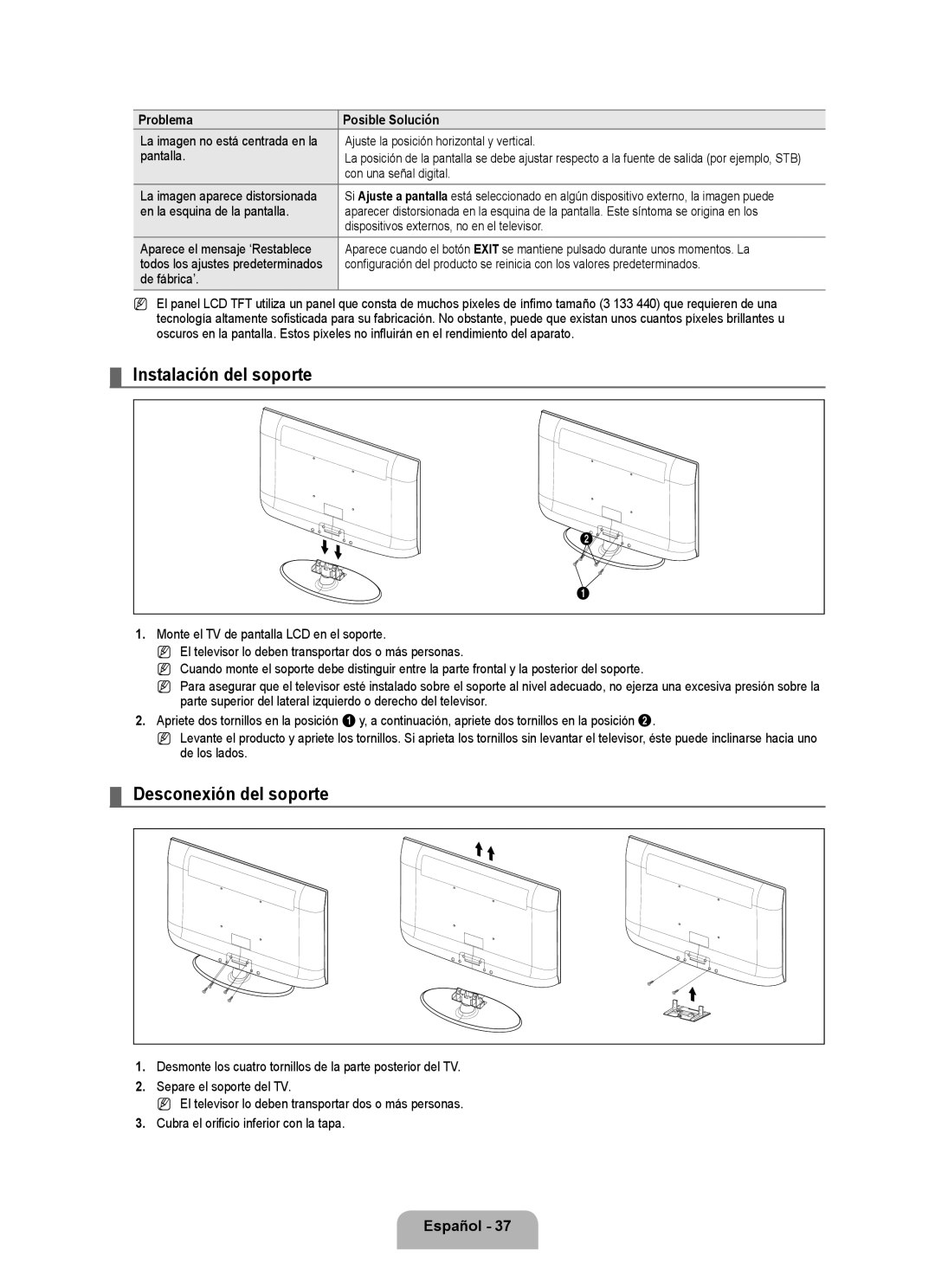 Samsung 360, BN68-01975A-01 user manual Instalación del soporte, Desconexión del soporte 