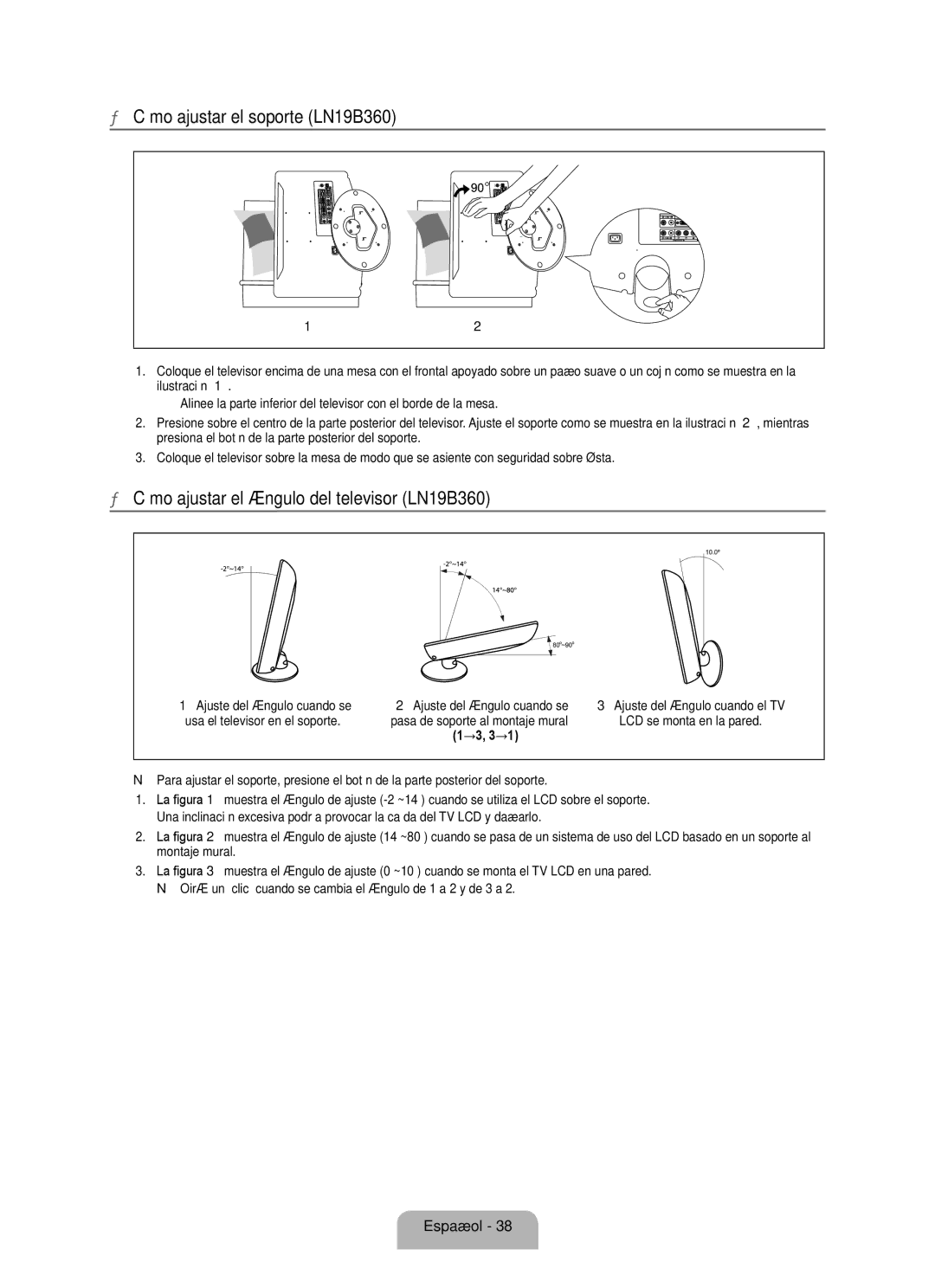 Samsung BN68-01975A-01 user manual Cómo ajustar el soporte LN19B360, Cómo ajustar el ángulo del televisor LN19B360 