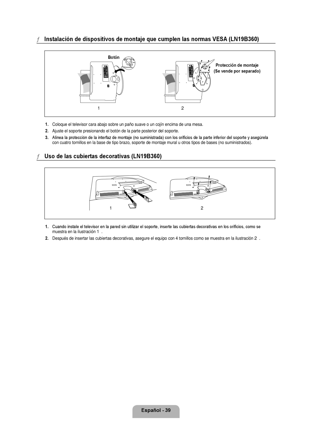 Samsung BN68-01975A-01 user manual Uso de las cubiertas decorativas LN19B360, Botón 