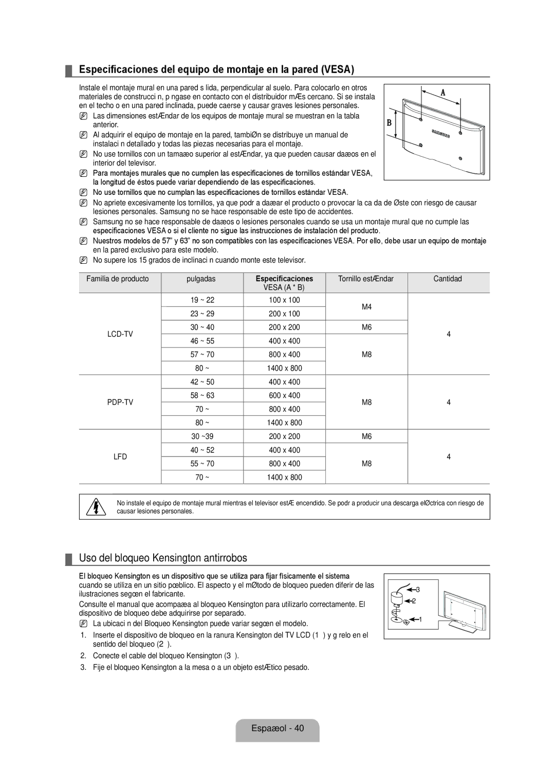 Samsung BN68-01975A-01, 360 Especificaciones del equipo de montaje en la pared Vesa, Uso del bloqueo Kensington antirrobos 