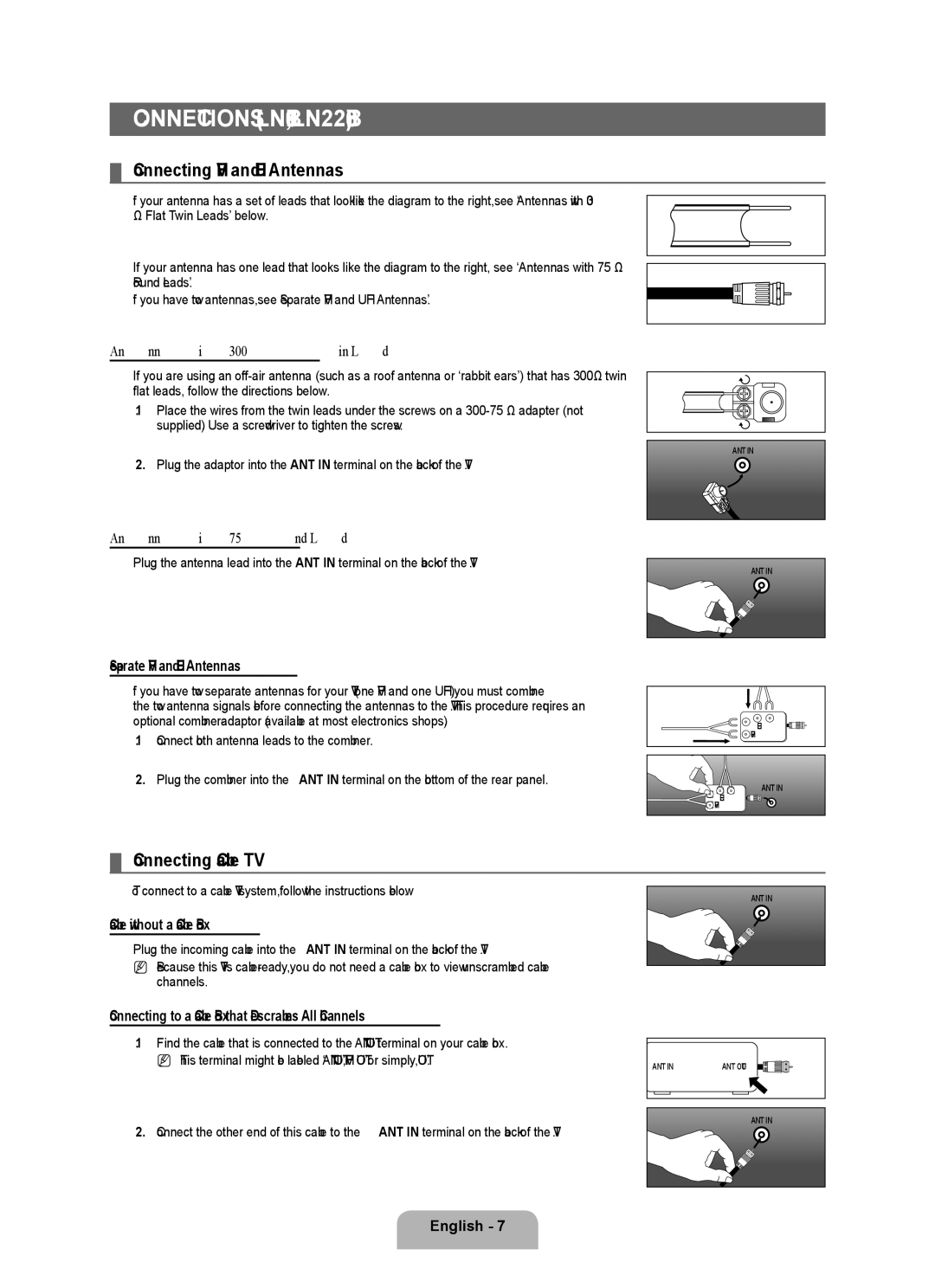 Samsung BN68-01975A-01 user manual Connections LN19B360, LN22B360, Connecting VHF and UHF Antennas, Connecting Cable TV 