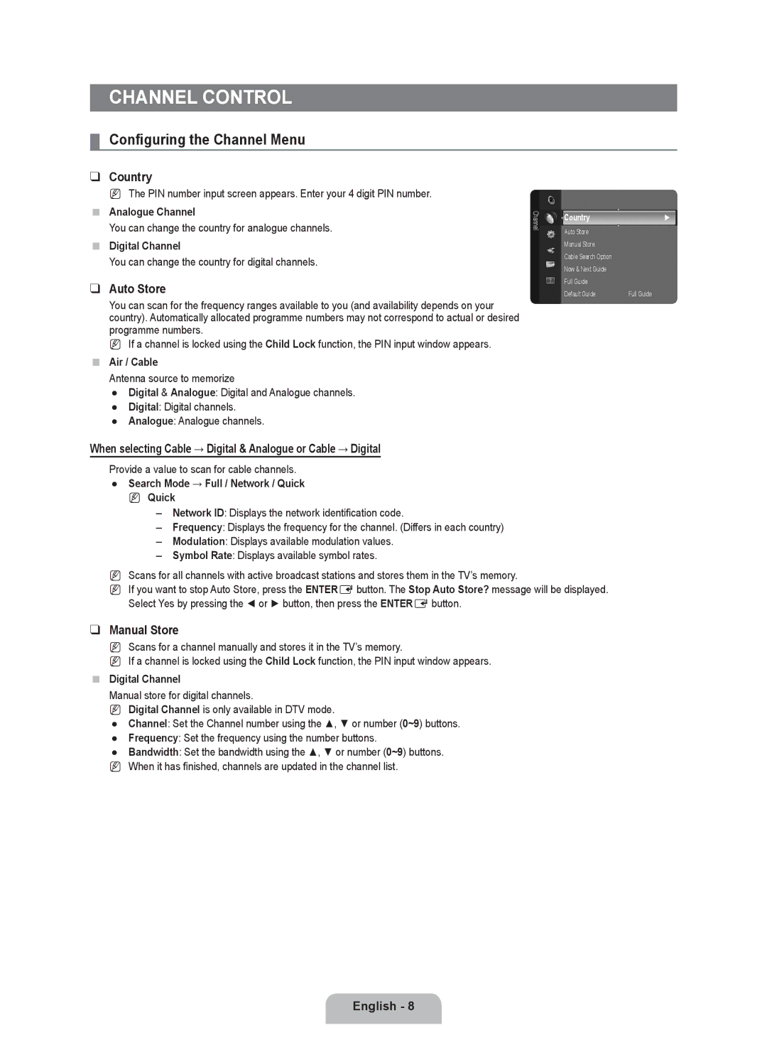 Samsung BN68-01981D-01 user manual Channel Control, Configuring the Channel Menu, Country, Auto Store, Manual Store 