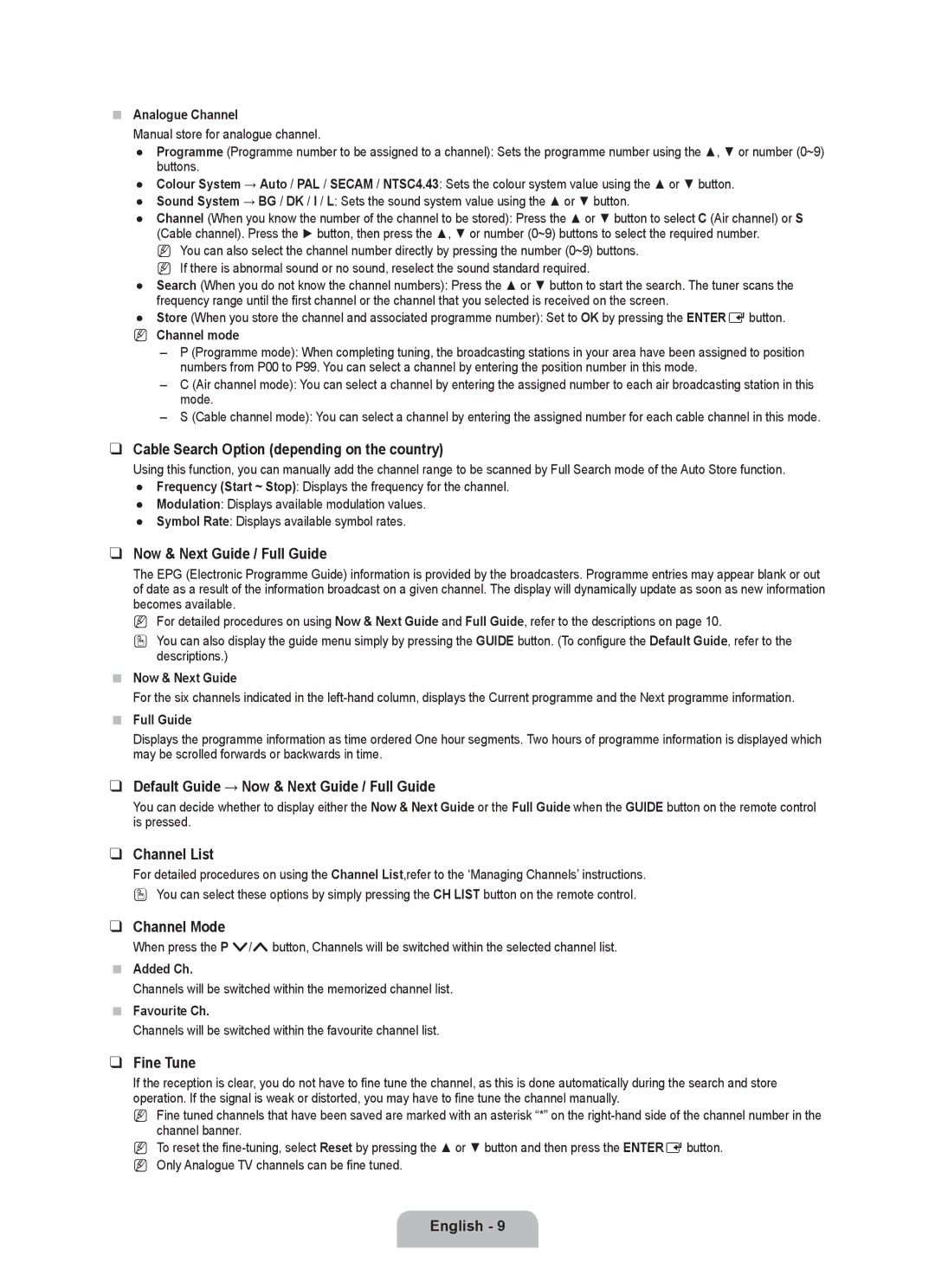 Samsung BN68-01981D-01 Cable Search Option depending on the country, Now & Next Guide / Full Guide, Channel List 