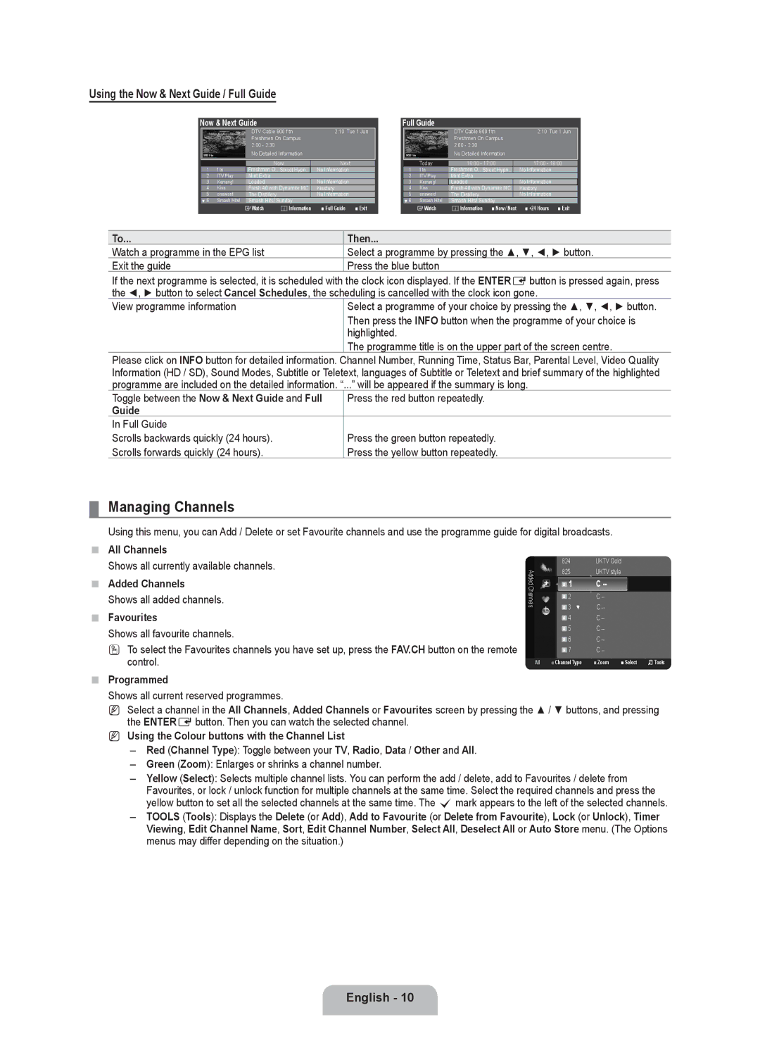 Samsung BN68-01981D-01 user manual Managing Channels, Using the Now & Next Guide / Full Guide 