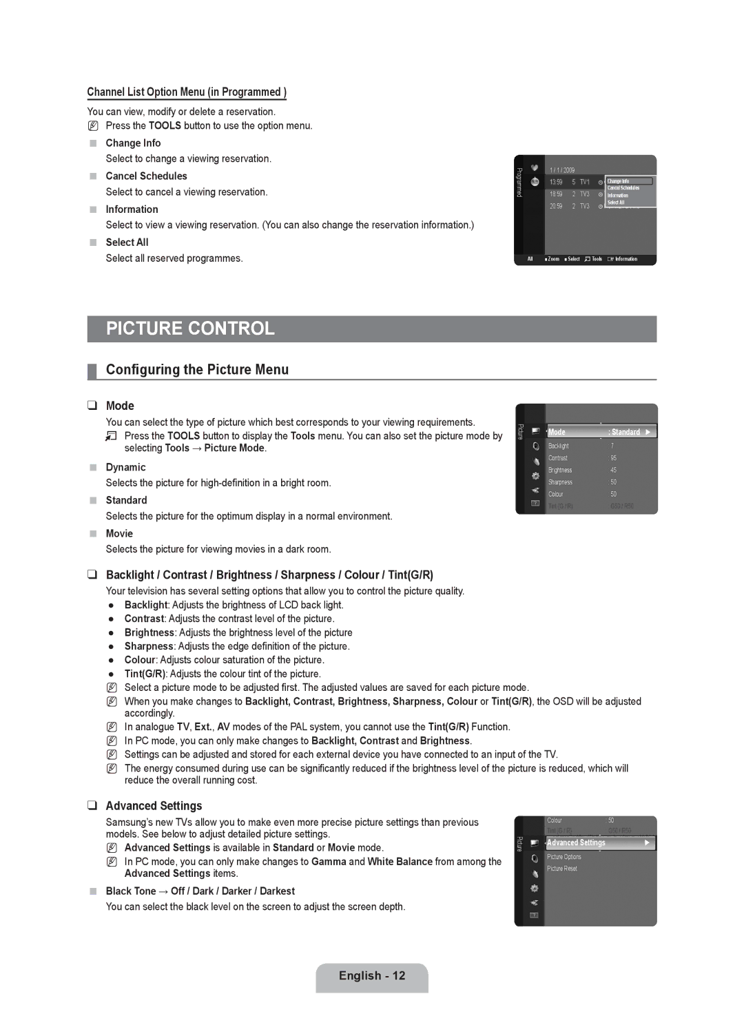 Samsung BN68-01981D-01 Picture Control, Configuring the Picture Menu, Channel List Option Menu in Programmed, Mode 