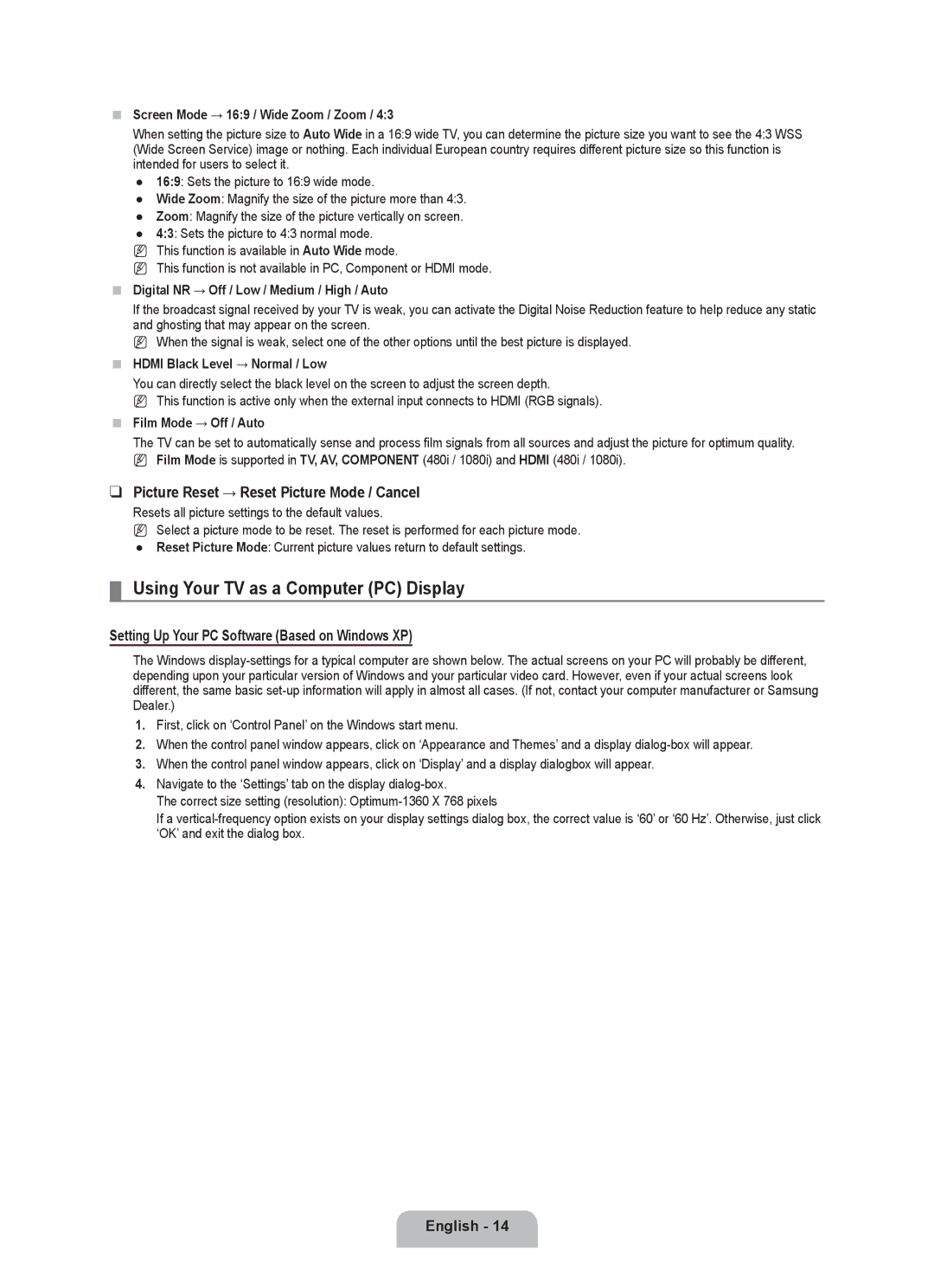 Samsung BN68-01981D-01 user manual Using Your TV as a Computer PC Display, Picture Reset → Reset Picture Mode / Cancel 