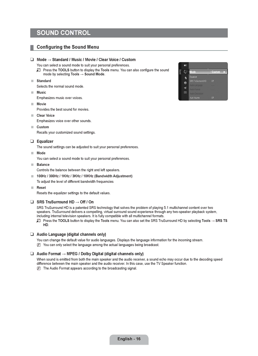 Samsung BN68-01981D-01 user manual Sound Control, Configuring the Sound Menu 