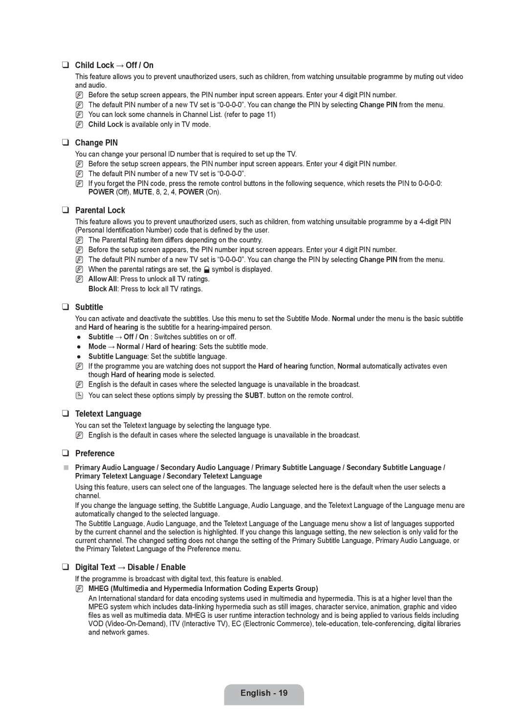 Samsung BN68-01981D-01 Child Lock → Off / On, Change PIN, Parental Lock, Subtitle, Teletext Language, Preference 