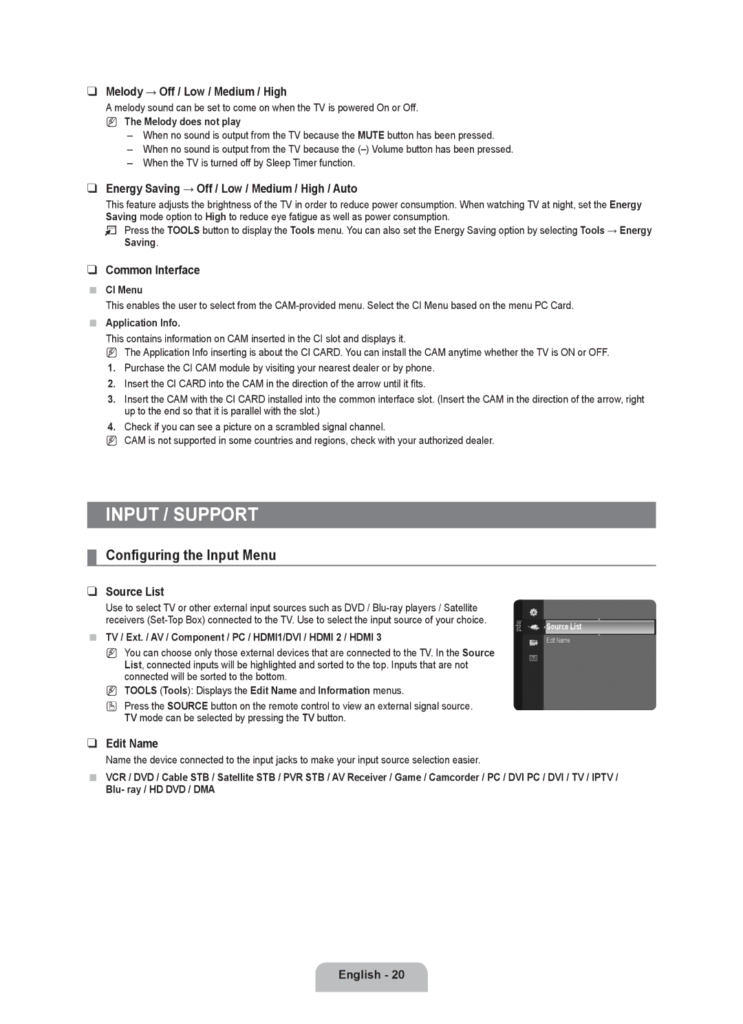 Samsung BN68-01981D-01 user manual Input / Support, Configuring the Input Menu 