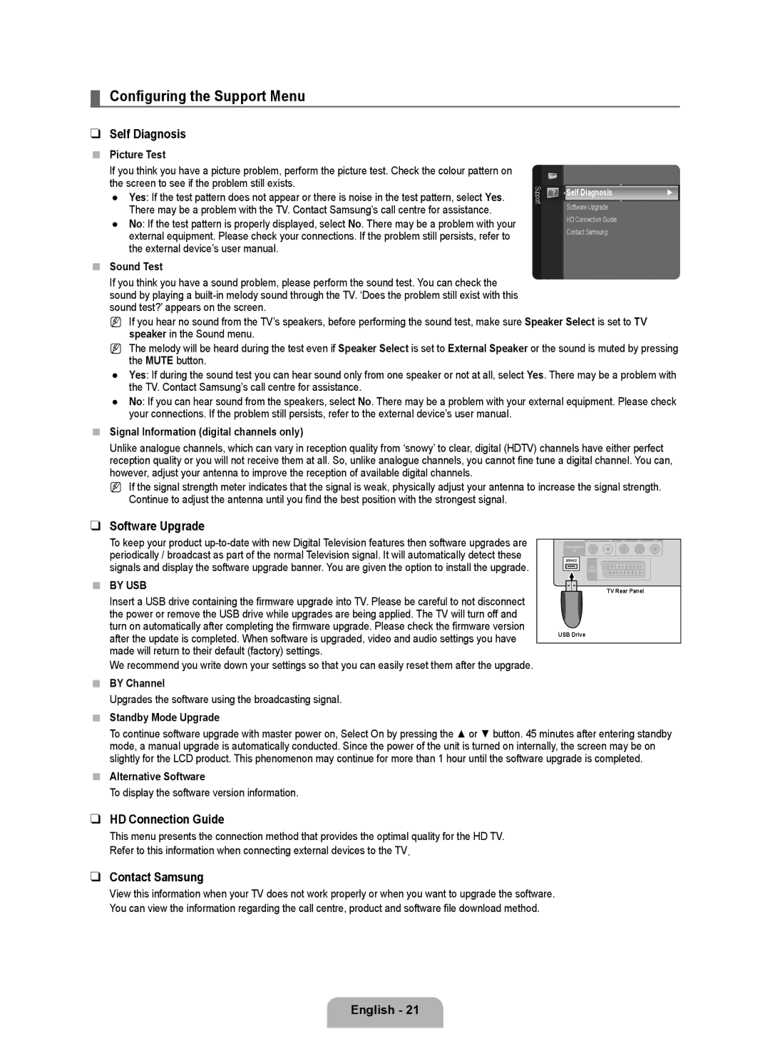 Samsung BN68-01981D-01 user manual Configuring the Support Menu, Self Diagnosis, Software Upgrade, HD Connection Guide 