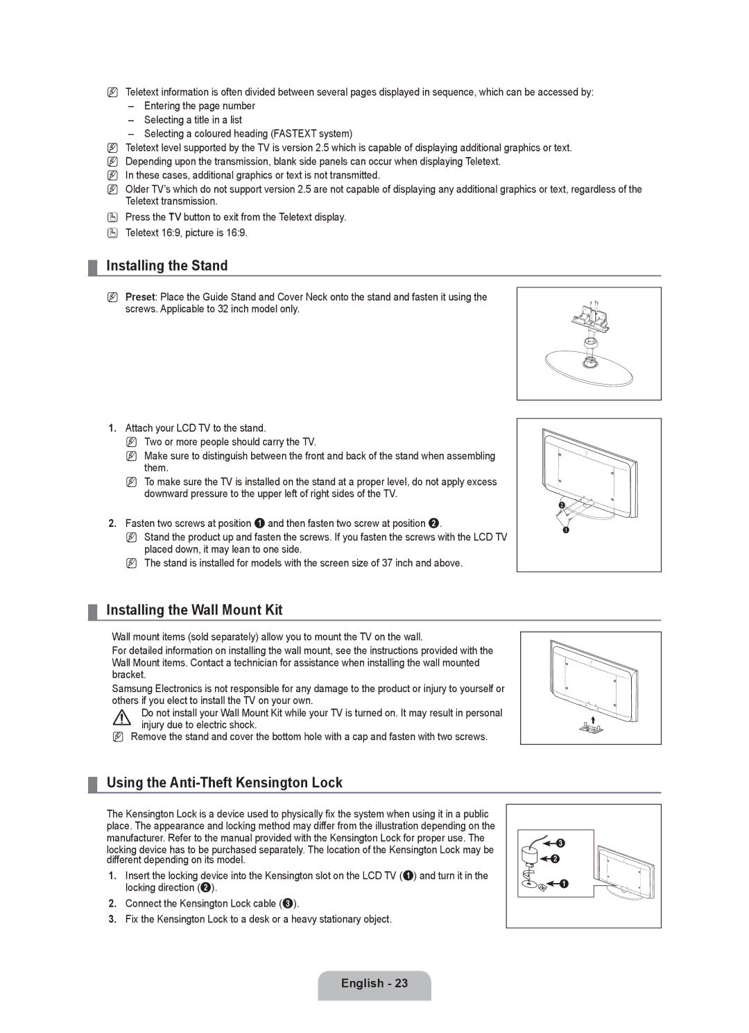 Samsung BN68-01981D-01 Installing the Stand, Installing the Wall Mount Kit, Using the Anti-Theft Kensington Lock 