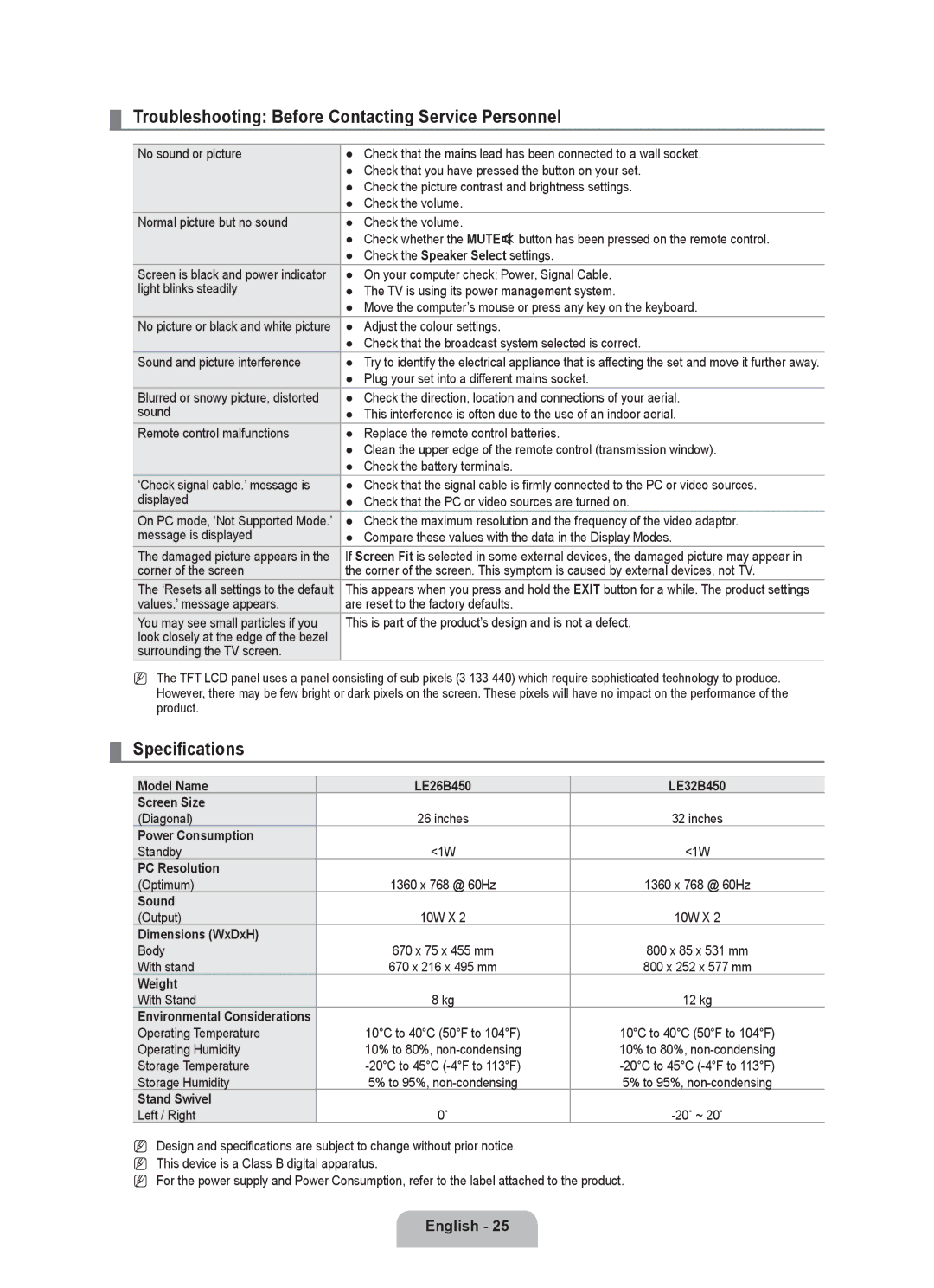 Samsung BN68-01981D-01 user manual Troubleshooting Before Contacting Service Personnel, Specifications 