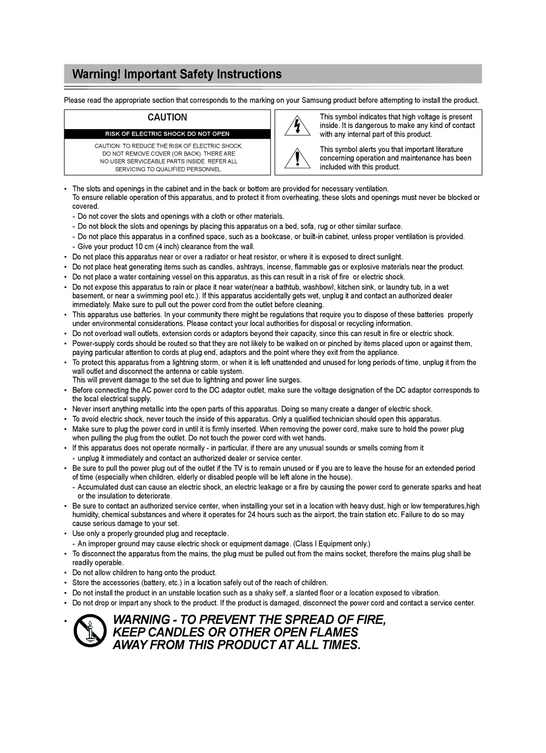 Samsung BN68-01981D-01 user manual Risk of Electric Shock do not Open 