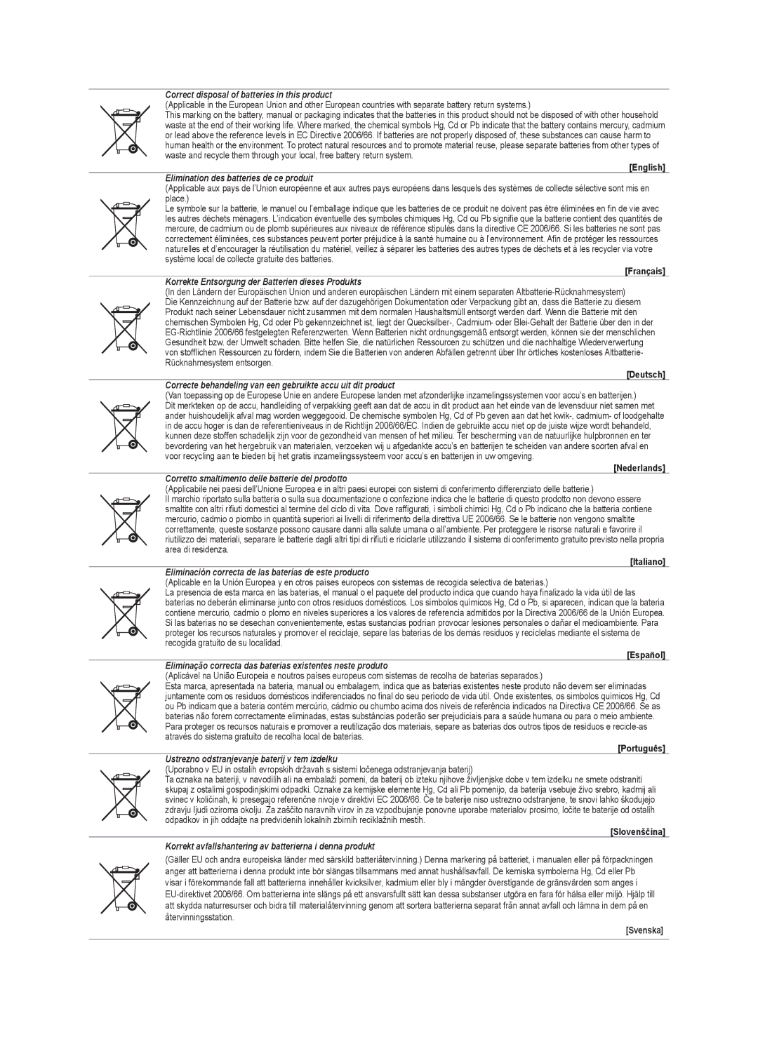 Samsung BN68-01981D-01 user manual Correct disposal of batteries in this product 