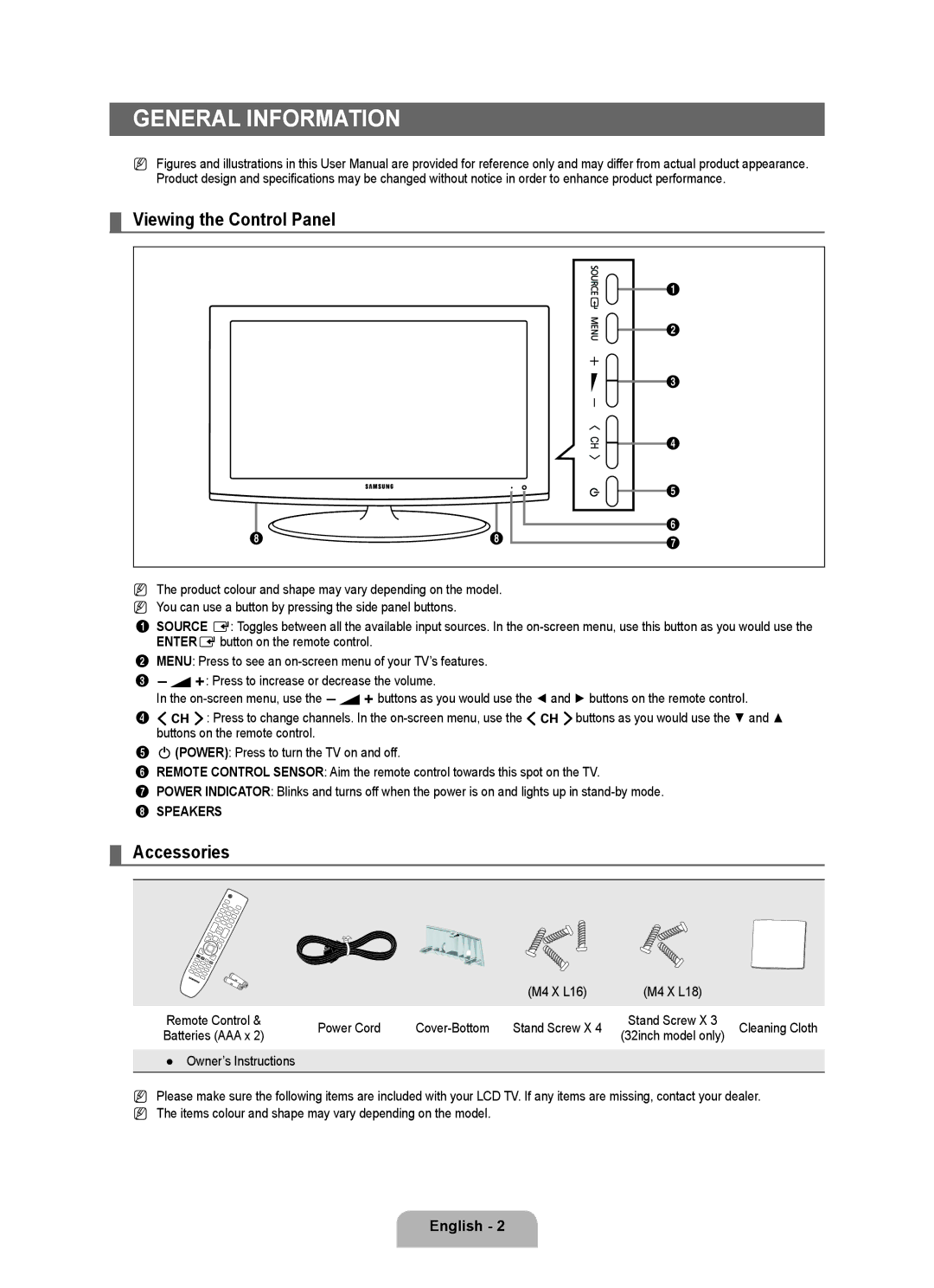 Samsung BN68-01981D-01 General Information, Viewing the Control Panel, Accessories, Speakers, Power Cord Cover-Bottom 