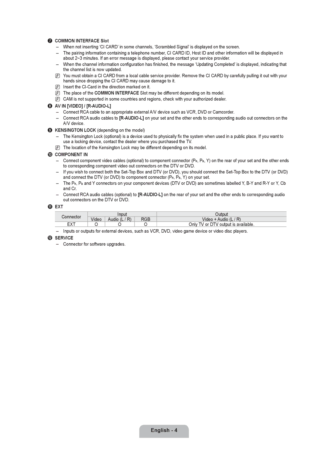 Samsung BN68-01981D-01 user manual Common Interface Slot, AV in Video / R-AUDIO-L, Component, Ext, @ Service 