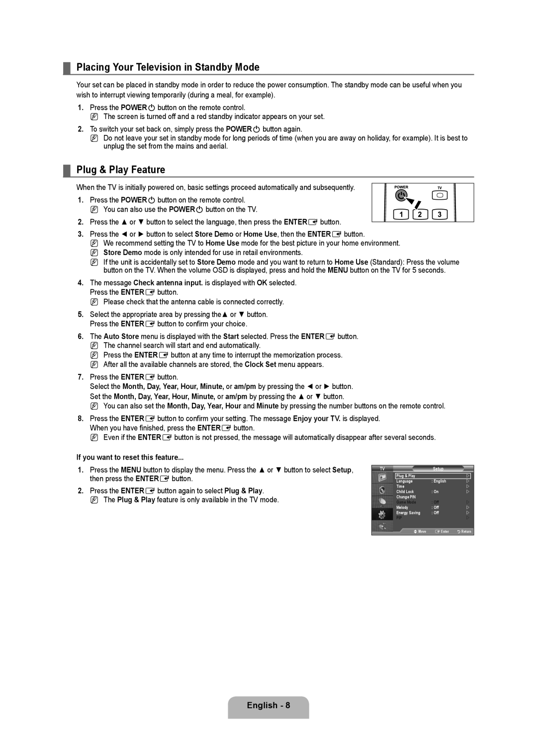 Samsung BN68-01983A-00 Placing Your Television in Standby Mode, Plug & Play Feature, If you want to reset this feature 