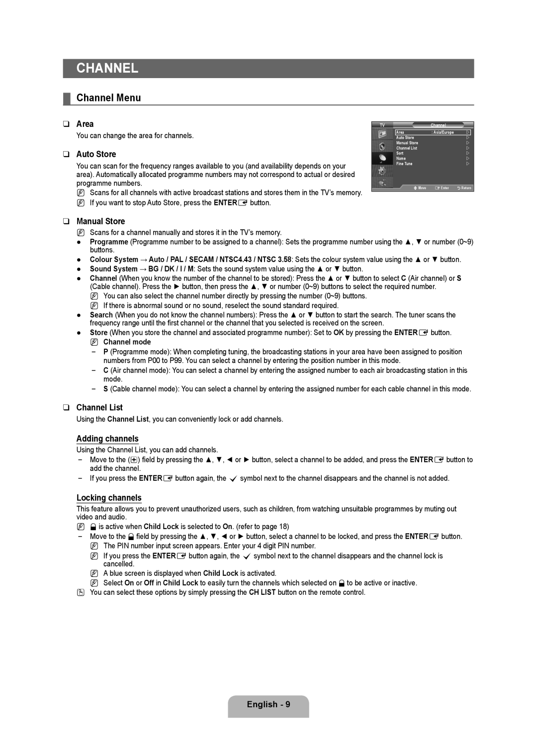 Samsung BN68-01983A-00 user manual Channel Menu 