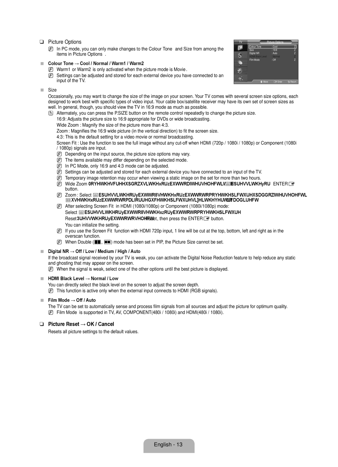 Samsung BN68-01983A-00 user manual Picture Options, Picture Reset → OK / Cancel 