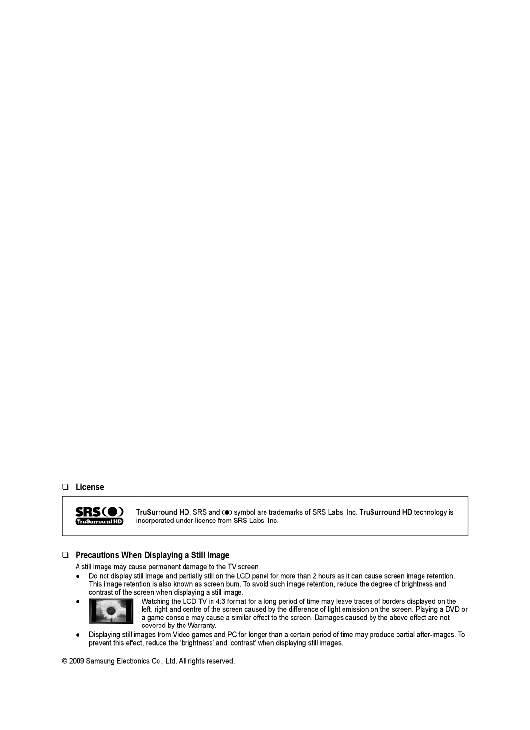 Samsung BN68-01983A-00 user manual License, Precautions When Displaying a Still Image 