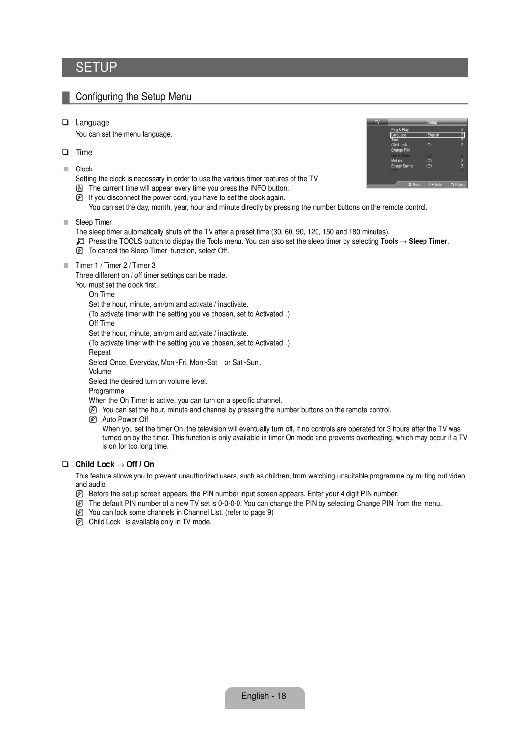 Samsung BN68-01983A-00 user manual Setup, Child Lock → Off / On 