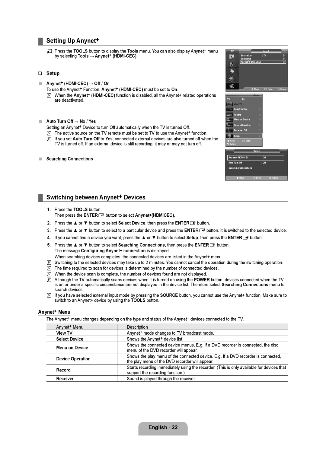 Samsung BN68-01983A-00 user manual Setting Up Anynet+, Switching between Anynet+ Devices, Setup, Anynet+ Menu 