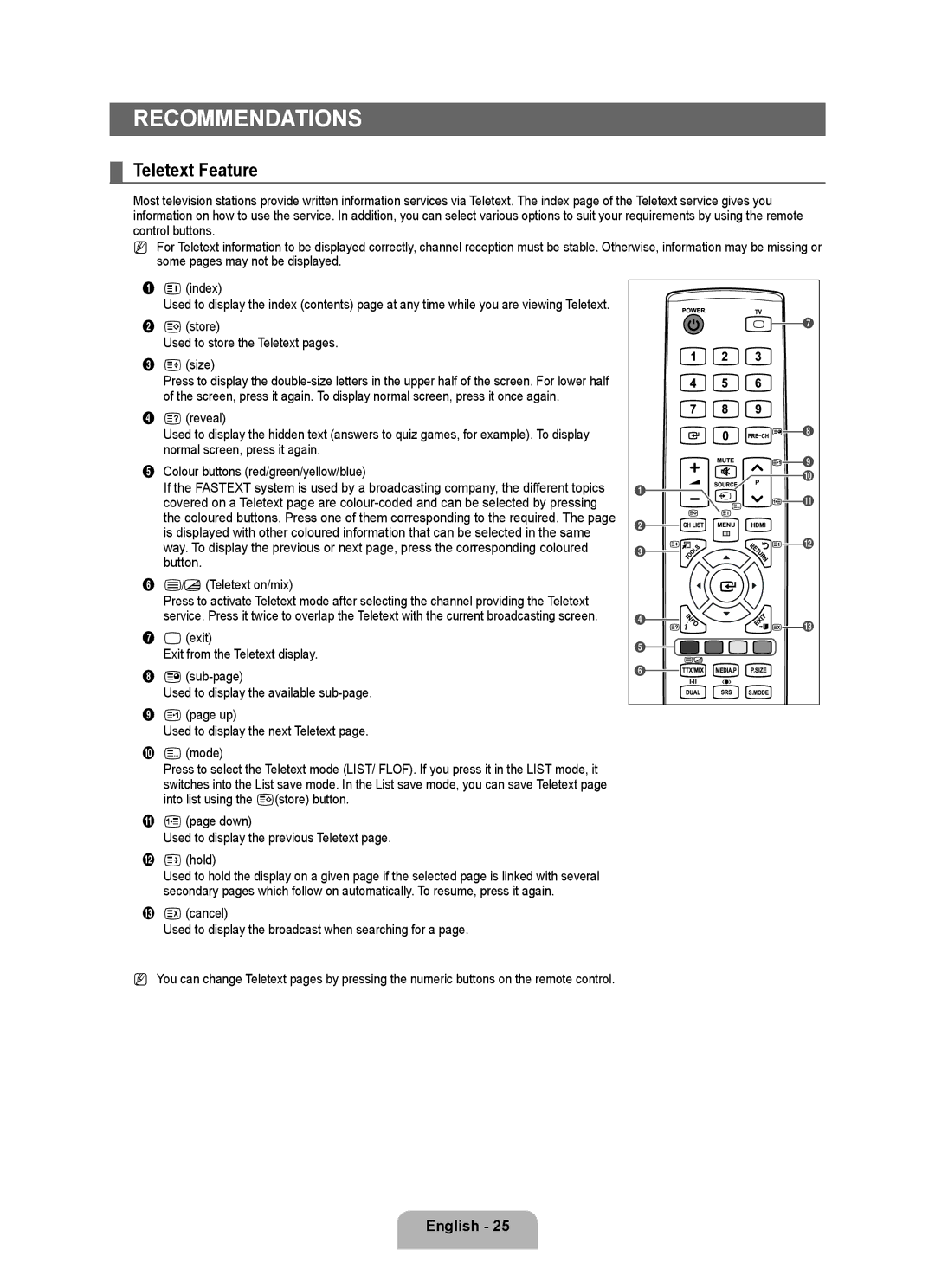 Samsung BN68-01983A-00 user manual Recommendations, Teletext Feature, 8store Used to store the Teletext pages 4size 