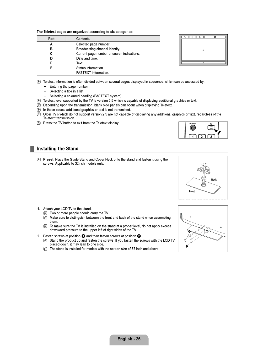 Samsung BN68-01983A-00 user manual Installing the Stand, Teletext pages are organized according to six categories, Part 