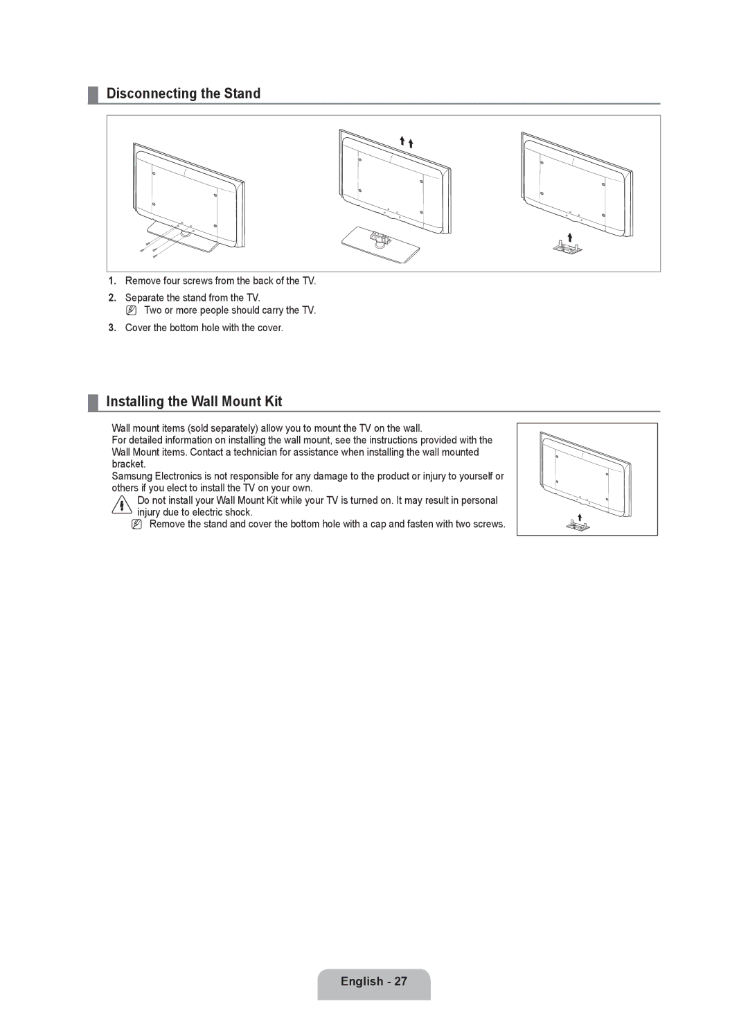 Samsung BN68-01983A-00 user manual Disconnecting the Stand, Installing the Wall Mount Kit 