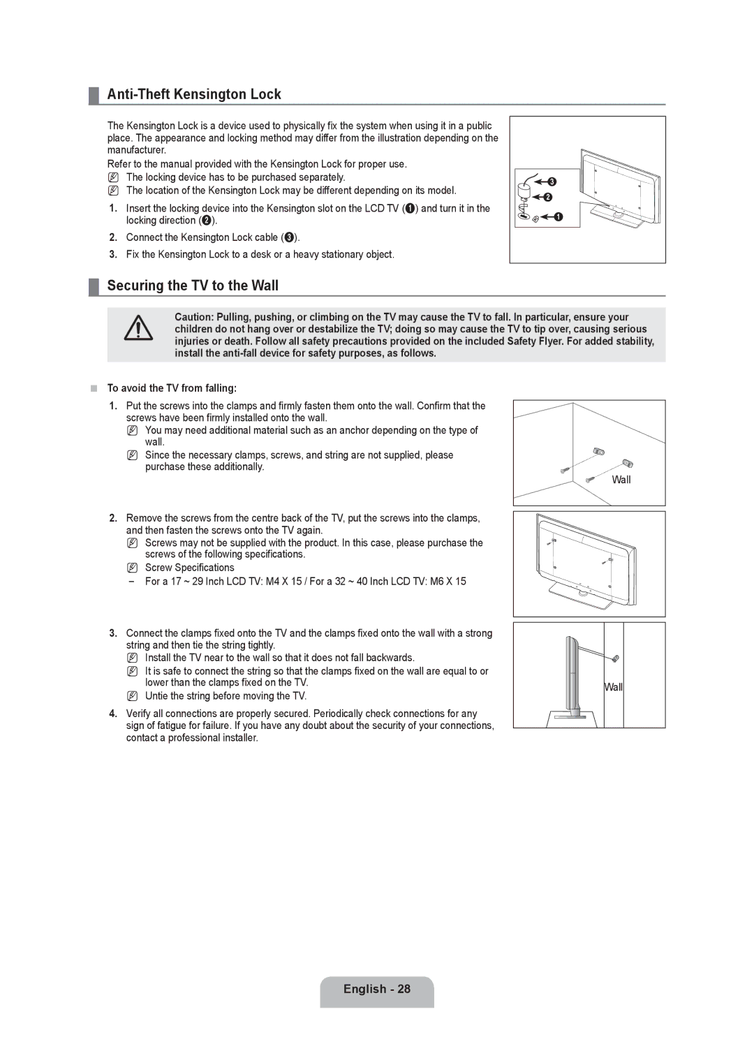 Samsung BN68-01983A-00 user manual Anti-Theft Kensington Lock, Securing the TV to the Wall, To avoid the TV from falling 