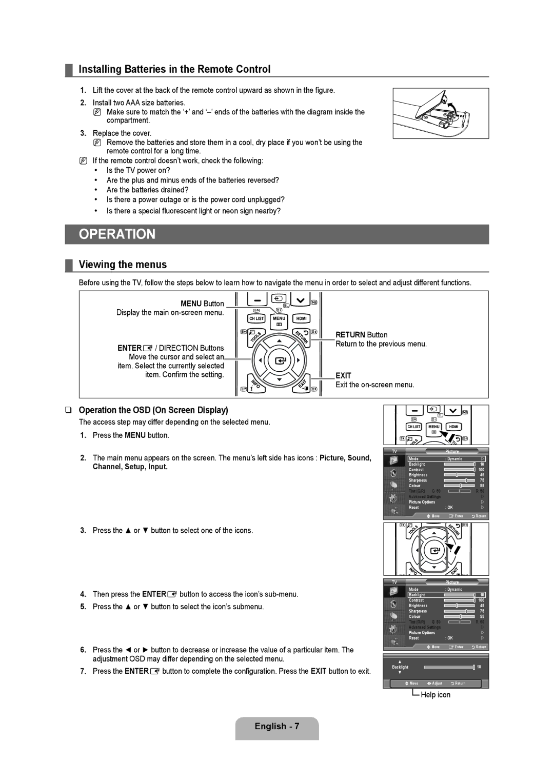 Samsung BN68-01983A-00 user manual Operation, Installing Batteries in the Remote Control, Viewing the menus 