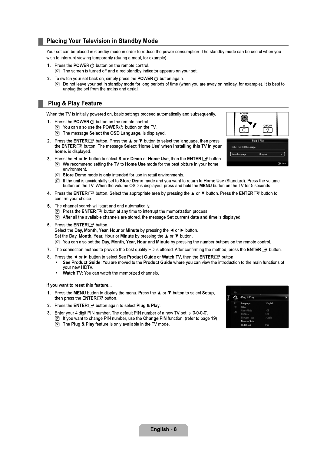 Samsung BN68-02017A-01 user manual Placing Your Television in Standby Mode, Plug & Play Feature, Environment 