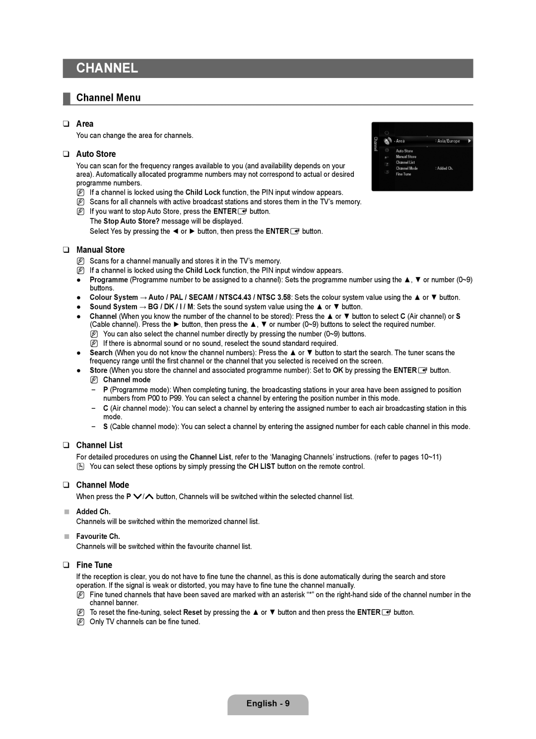 Samsung BN68-02017A-01 user manual Channel Menu 